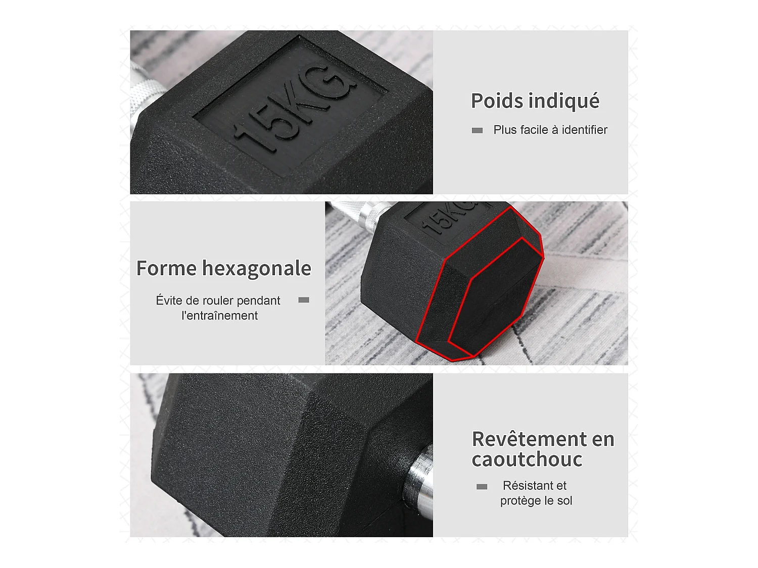 Haltère courte poids 15 Kg - entraînement musculaire & haltérophilie - acier caoutchouc noir