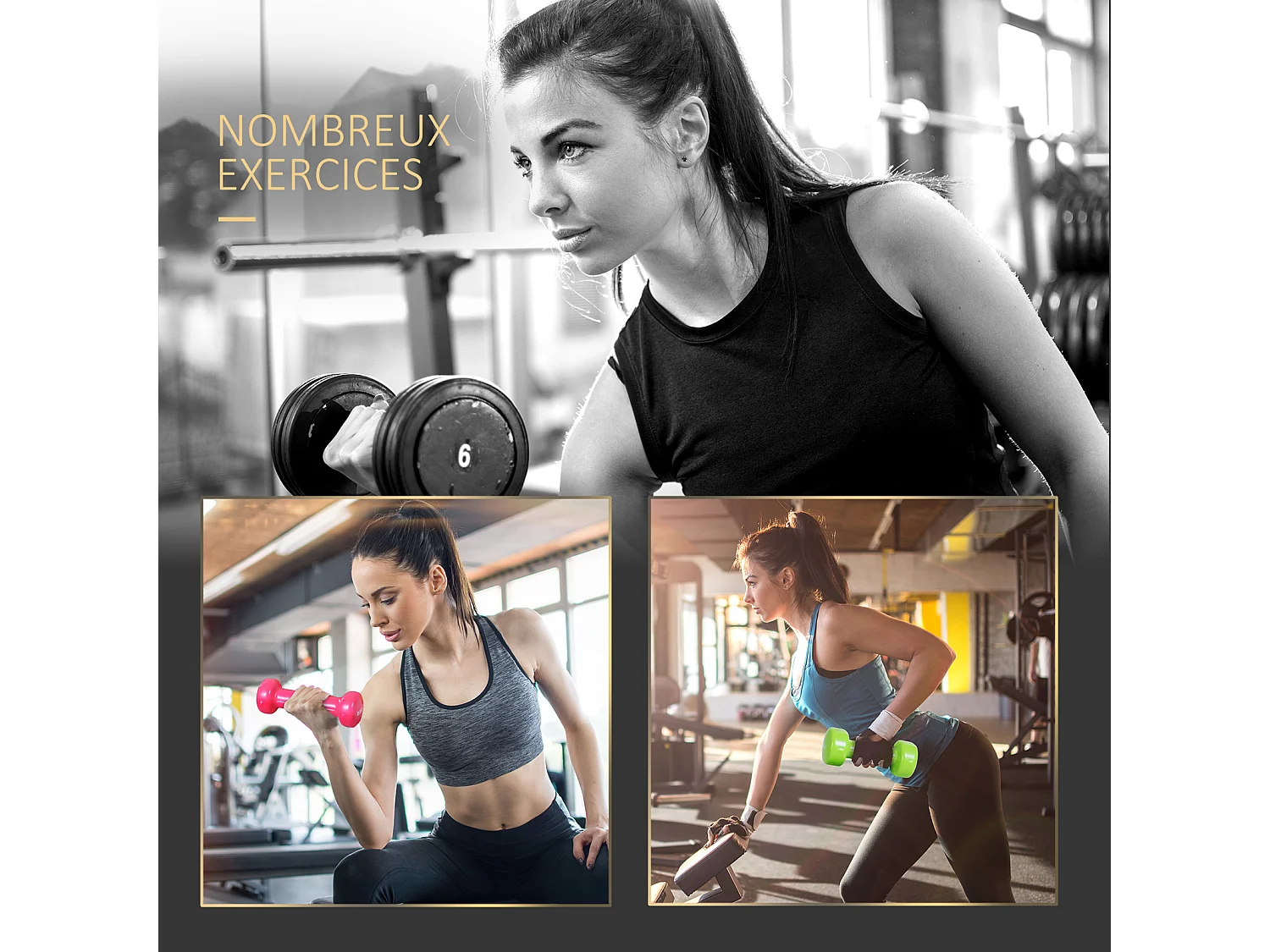 Ensemble d'haltères courtes total 10 Kg - paires de 0,5/1/1,5/2 Kg avec malette - entraînement musculaire & haltérophilie - métal PU multicolore