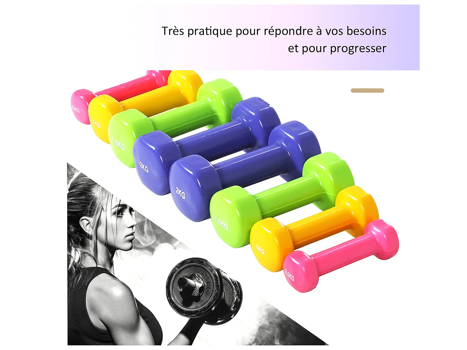 Ensemble d'haltères courtes total 10 Kg - paires de 0,5/1/1,5/2 Kg avec malette - entraînement musculaire & haltérophilie - métal PU multicolore