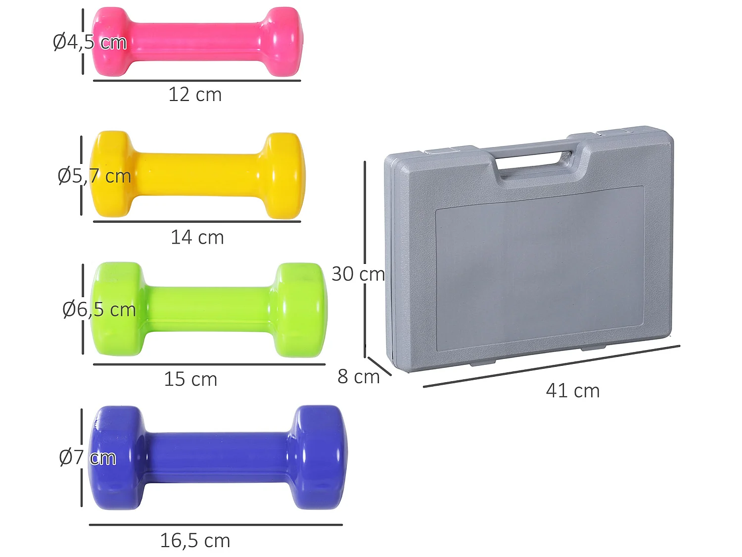 Ensemble d'haltères courtes total 10 Kg - paires de 0,5/1/1,5/2 Kg avec malette - entraînement musculaire & haltérophilie - métal PU multicolore