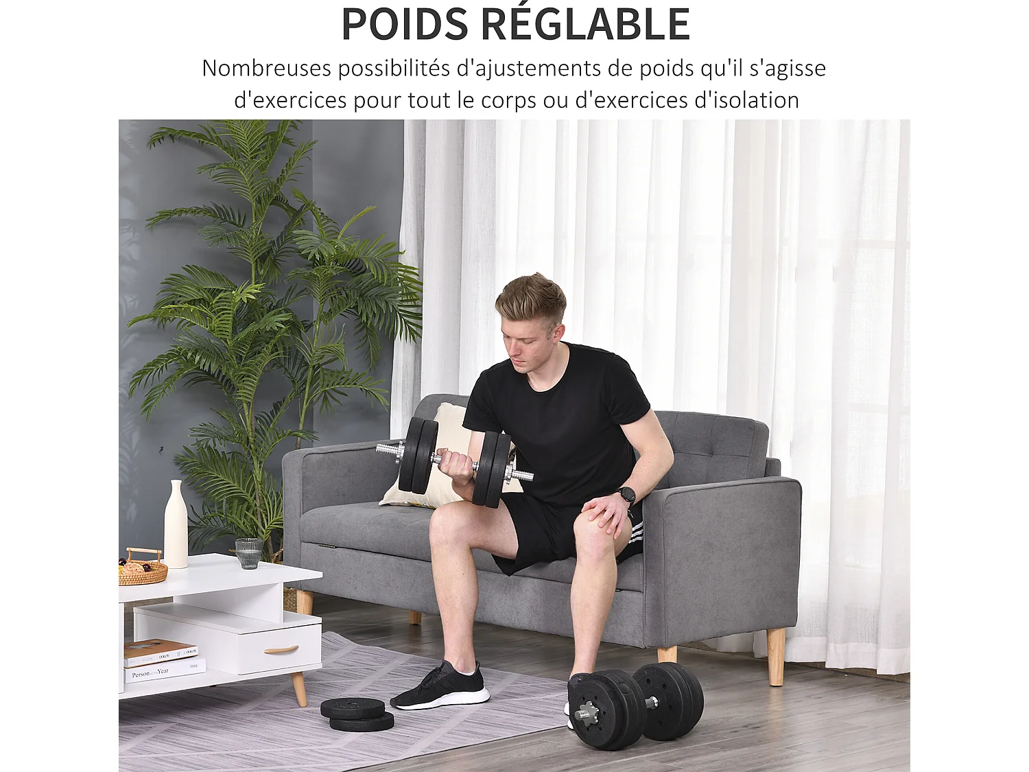 Ensemble d'haltères courtes total 30 Kg - barres incluses - entraînement musculaire & haltérophilie - acier PU noir
