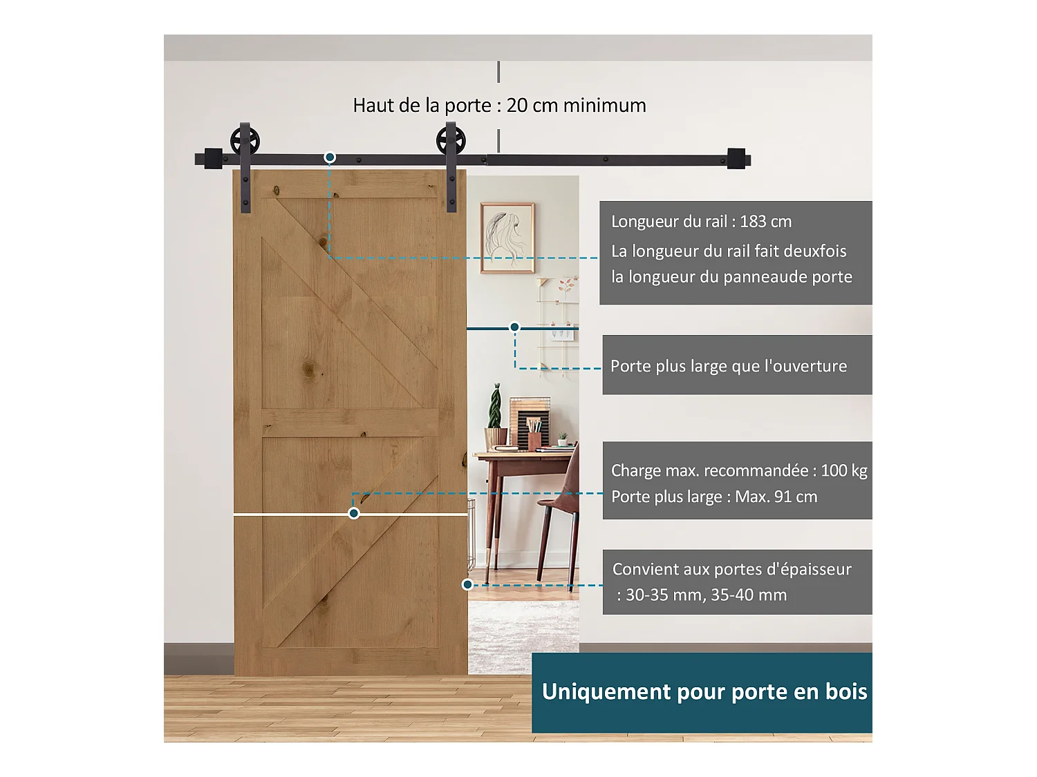 Kit de porte coulissante système galandage pour porte épaisseur 35-45 ou 40-45 mm longueur rail 1,83 m charge max. 100 Kg acier brun