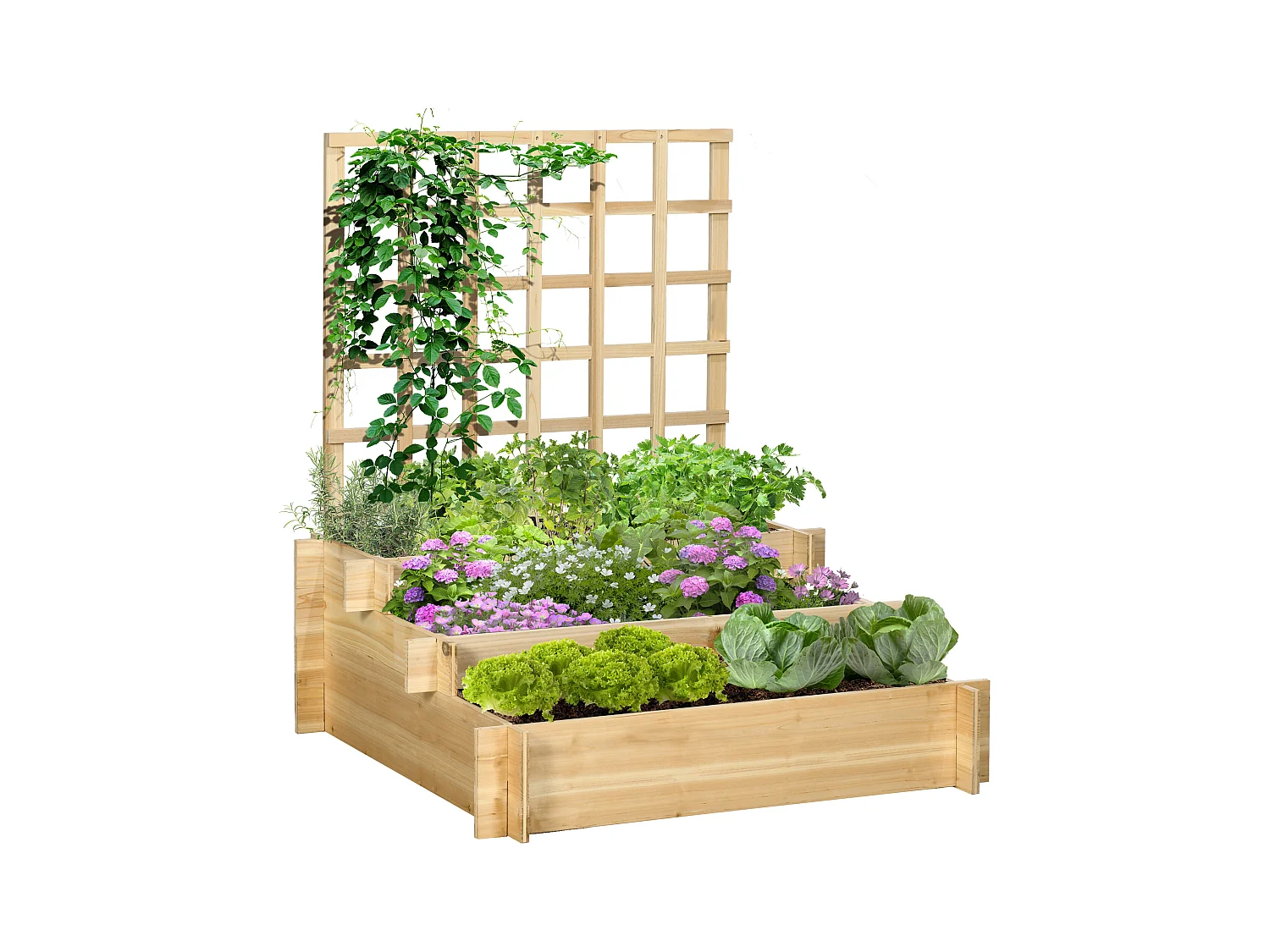 Jardinière avec treillis - jardinière en escalier 3 niveaux - dim. 95L x 95l x 110H cm - bois sapin pré-huilé