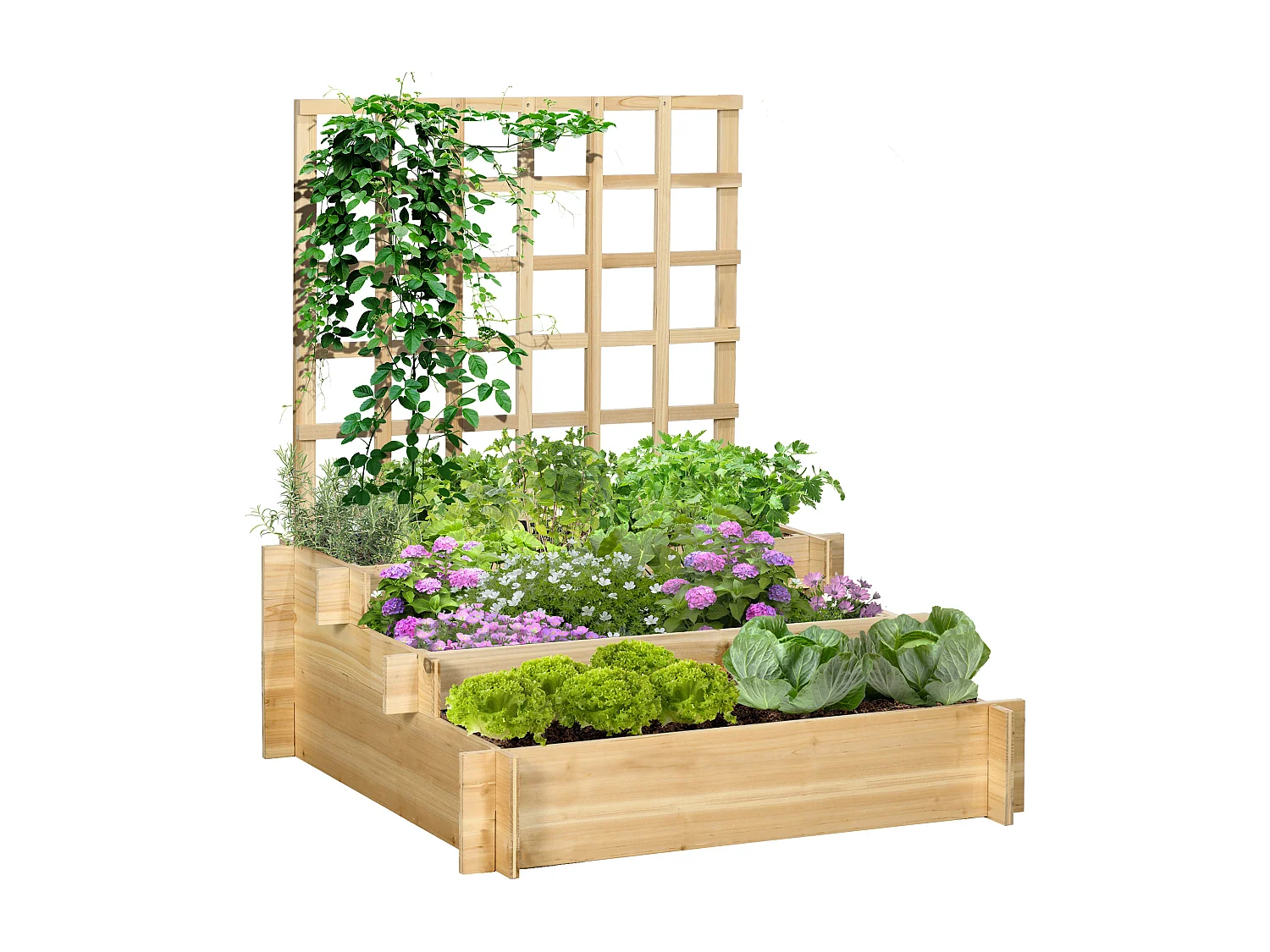 Jardinière avec treillis - jardinière en escalier 3 niveaux - dim. 95L x 95l x 110H cm - bois sapin pré-huilé