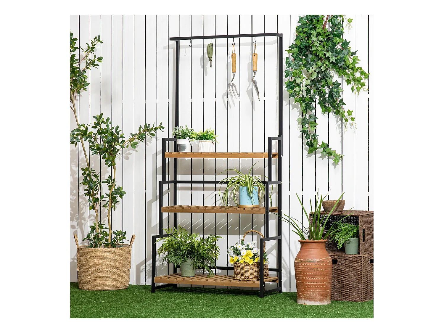 Étagère échelle à fleurs 3 niveaux - porte plante bois 3 étagères - 4 crochets pour pots suspendus - métal noir bois sapin