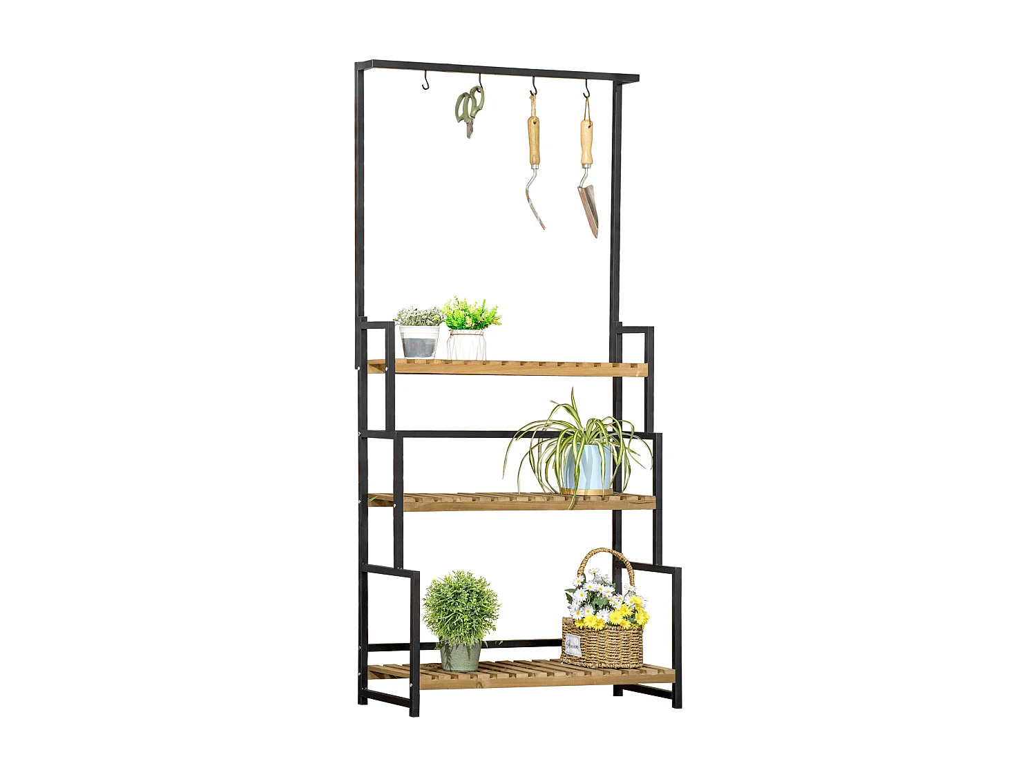 Étagère échelle à fleurs 3 niveaux - porte plante bois 3 étagères - 4 crochets pour pots suspendus - métal noir bois sapin