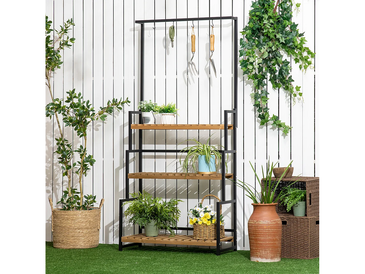 Étagère échelle à fleurs 3 niveaux - porte plante bois 3 étagères - 4 crochets pour pots suspendus - métal noir bois sapin