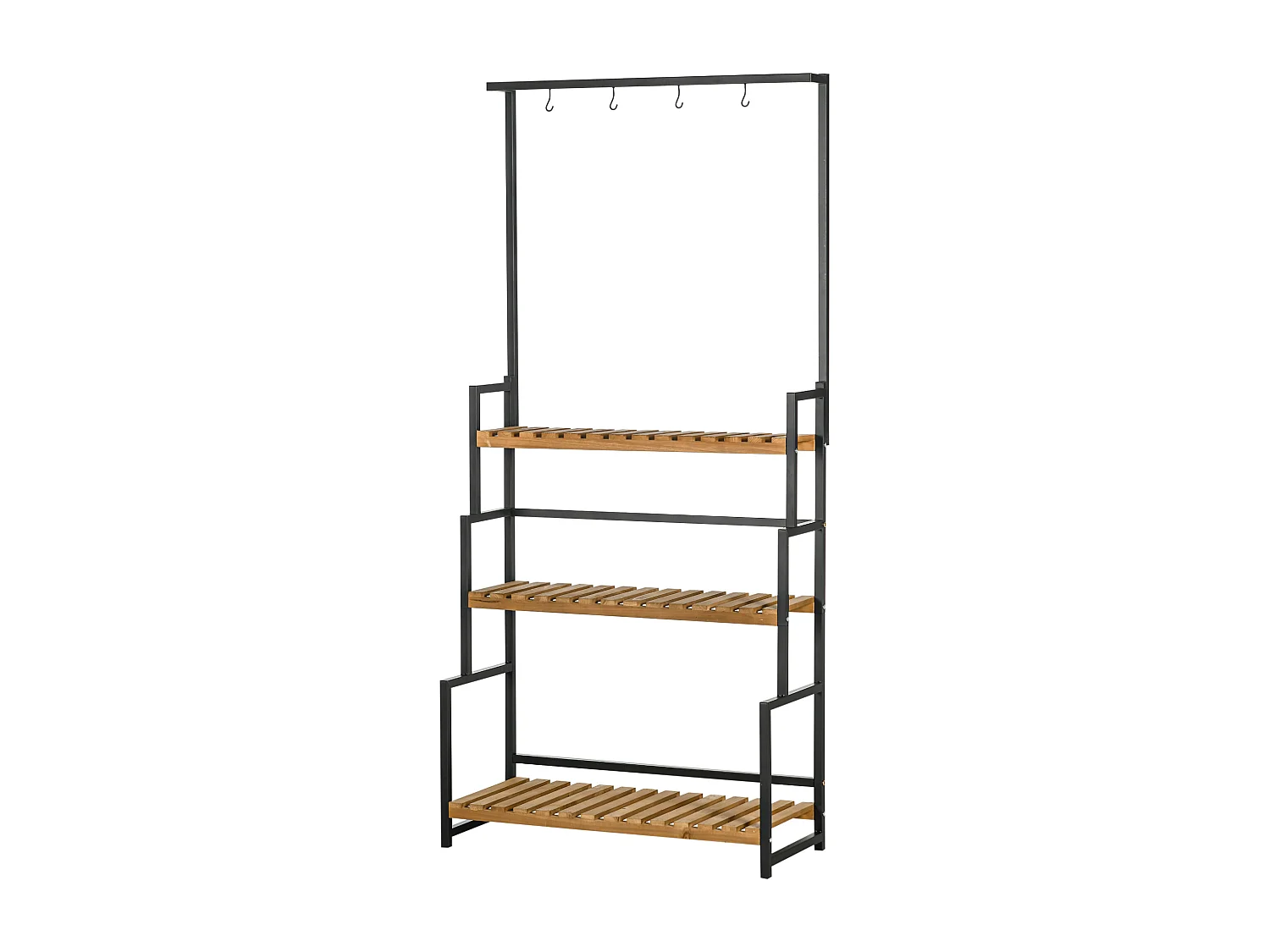Étagère échelle à fleurs 3 niveaux - porte plante bois 3 étagères - 4 crochets pour pots suspendus - métal noir bois sapin