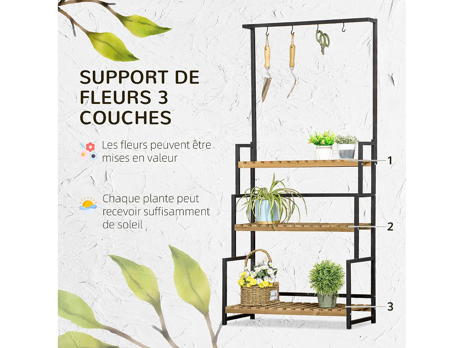Étagère échelle à fleurs 3 niveaux - porte plante bois 3 étagères - 4 crochets pour pots suspendus - métal noir bois sapin