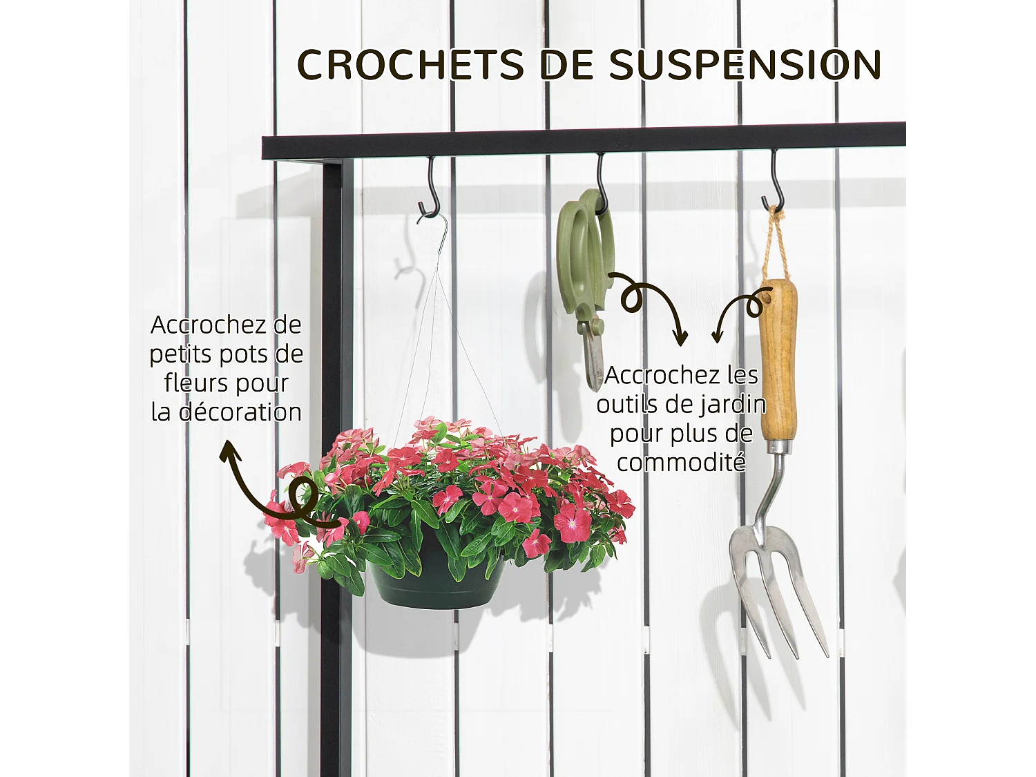 Étagère échelle à fleurs 3 niveaux - porte plante bois 3 étagères - 4 crochets pour pots suspendus - métal noir bois sapin