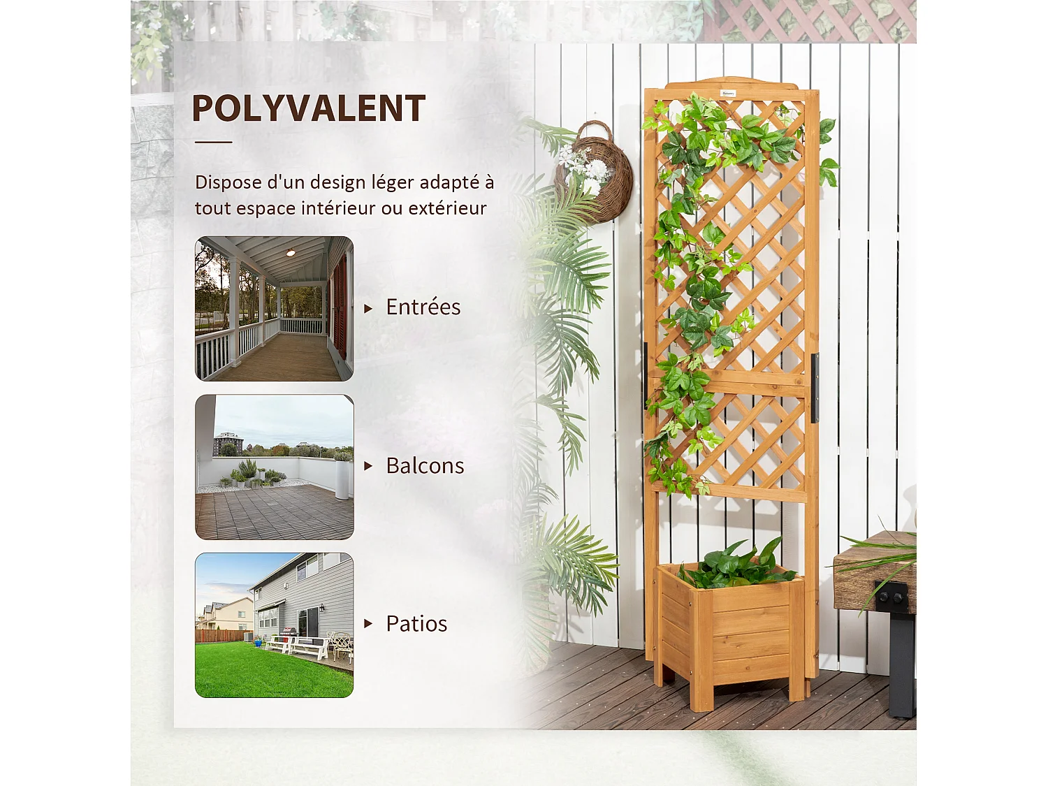 Jardinière avec treillis - bac à fleurs - jardinière sur pied - dim. 54,5L x 52l x 180H cm - bois sapin pré-huilé