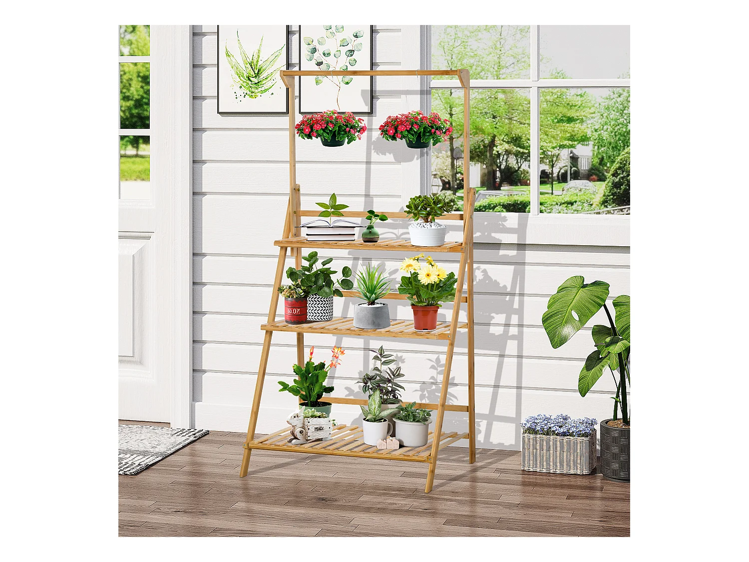 Étagère échelle à fleurs en bois de bambou - porte plante bois 3 étagères + barre support pour pots suspendus