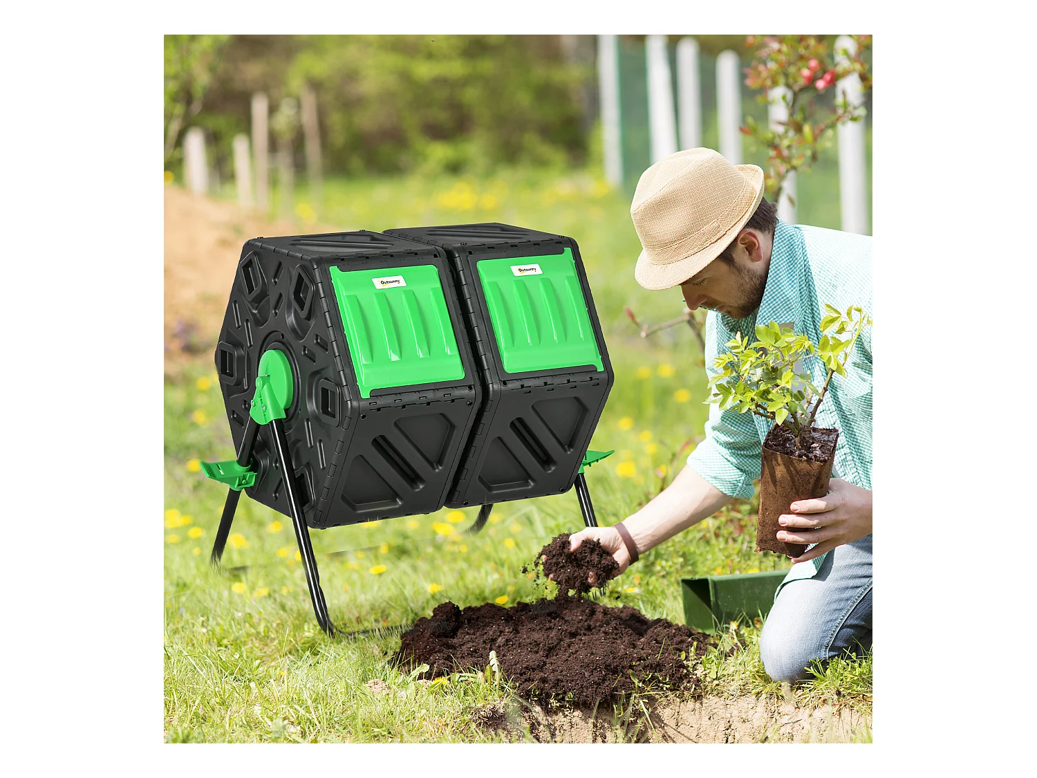 Composteur de jardin - bac à compost pour déchets - rotatif 360° - double chambre 130 L - acier PP vert noir