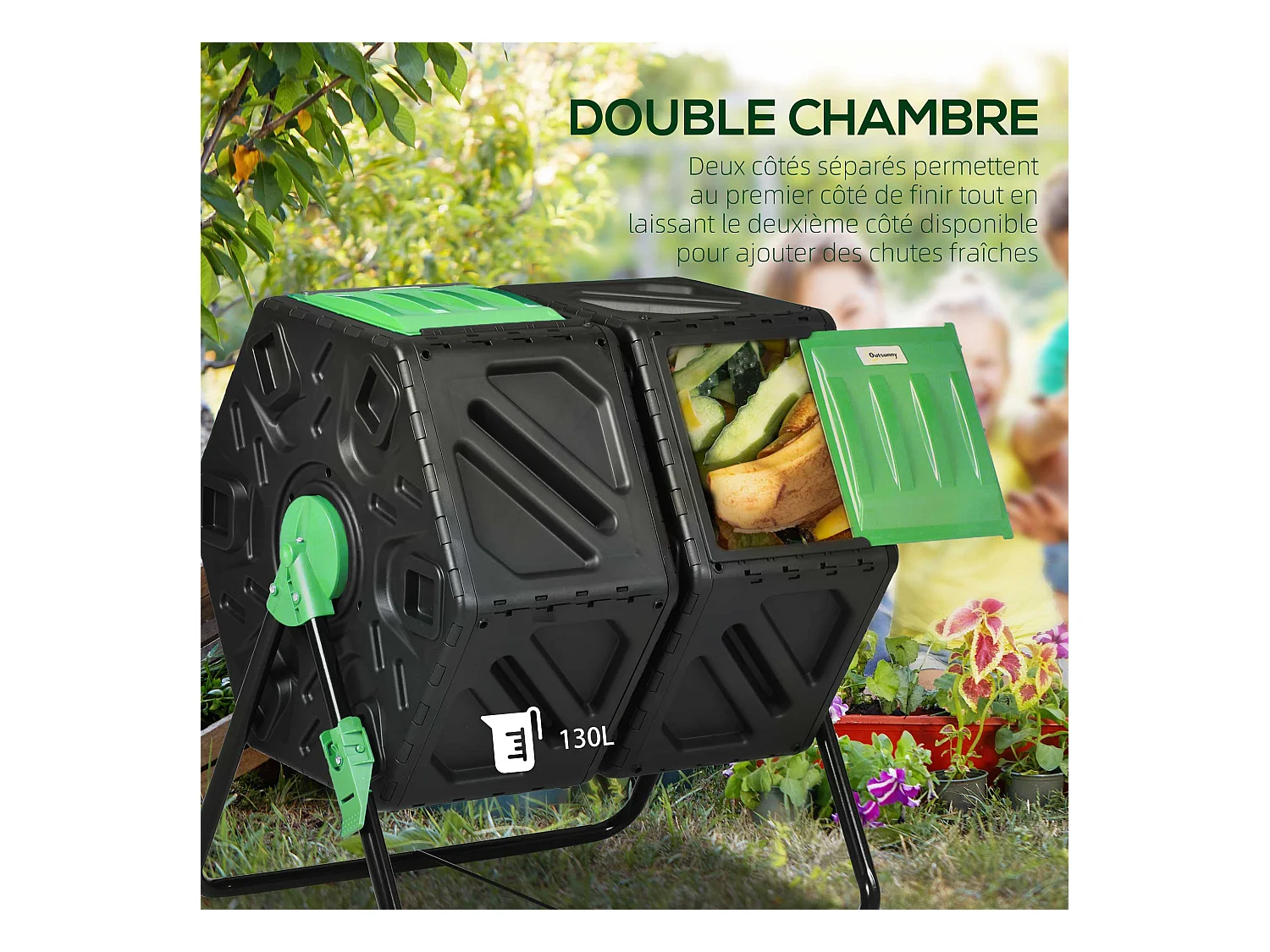 Composteur de jardin - bac à compost pour déchets - rotatif 360° - double chambre 130 L - acier PP vert noir
