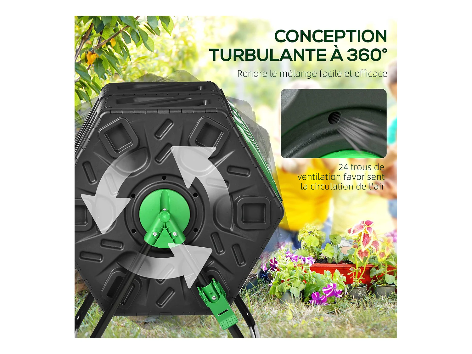 Composteur de jardin - bac à compost pour déchets - rotatif 360° - double chambre 130 L - acier PP vert noir