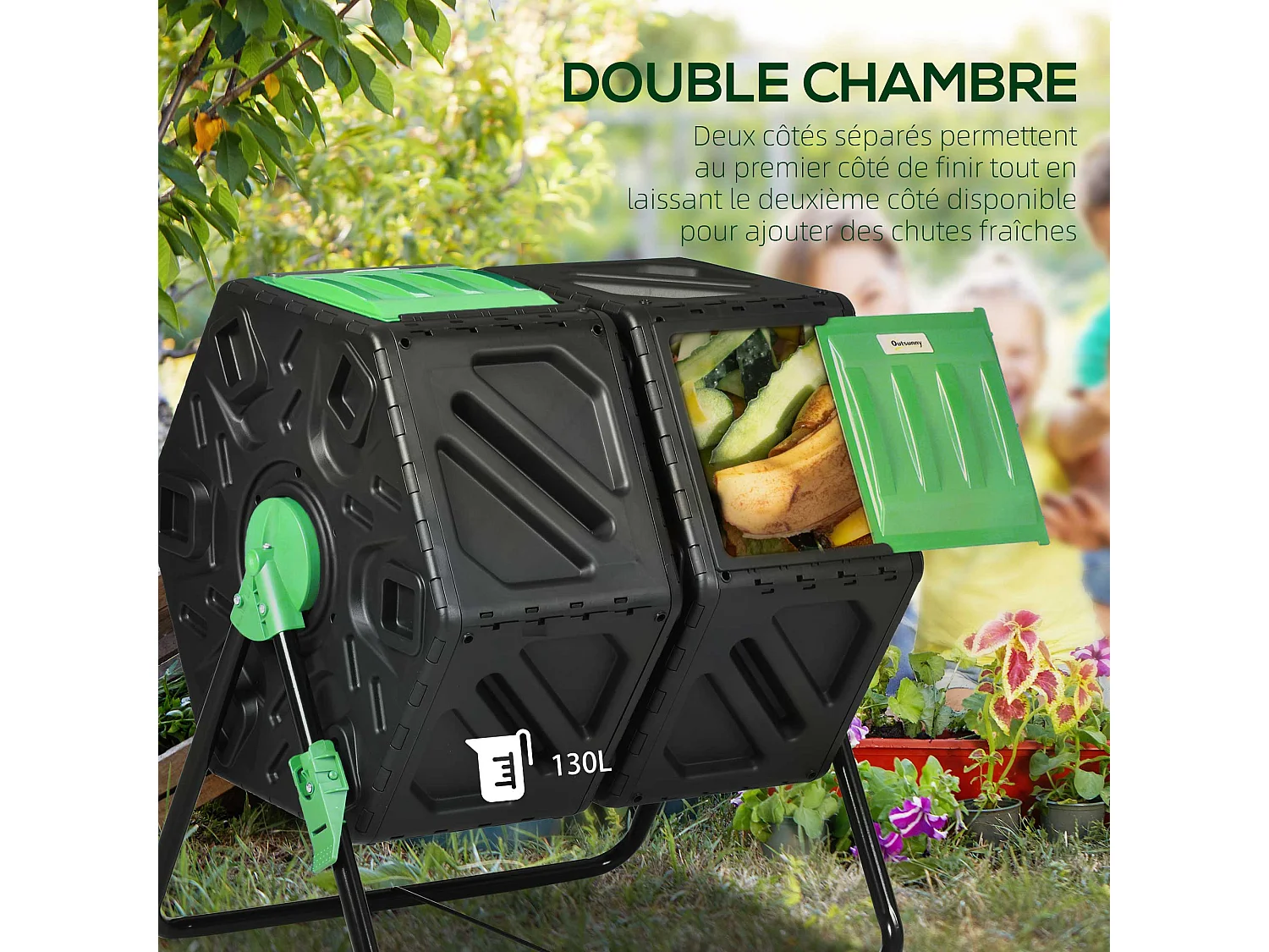 Composteur de jardin - bac à compost pour déchets - rotatif 360° - double chambre 130 L - acier PP vert noir