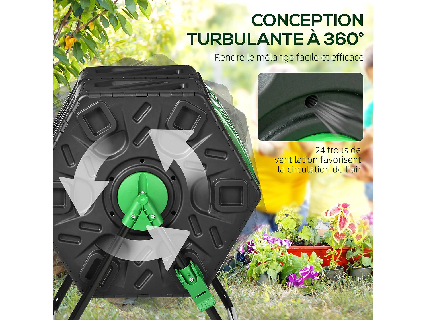 Composteur de jardin - bac à compost pour déchets - rotatif 360° - double chambre 130 L - acier PP vert noir