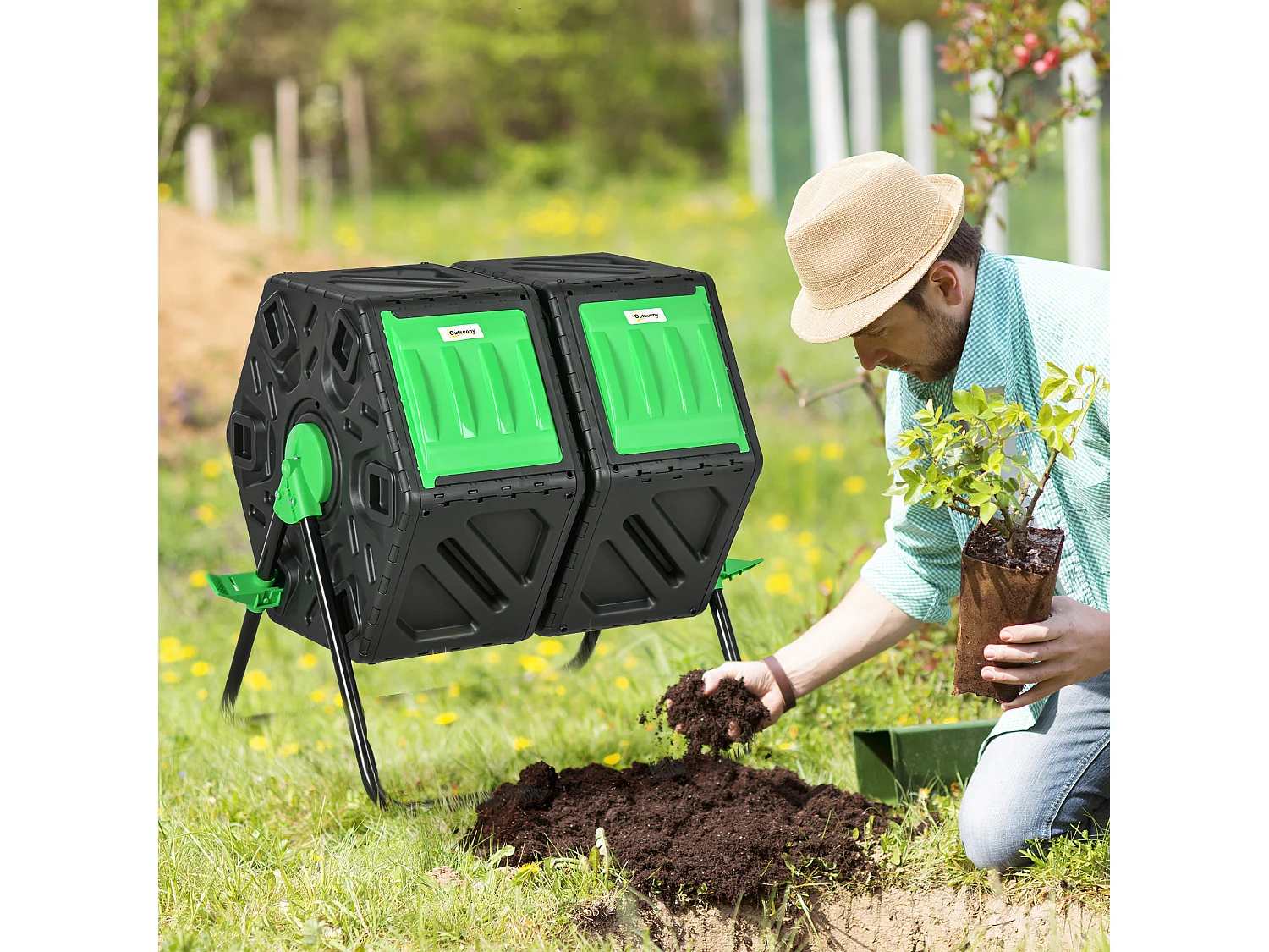 Composteur de jardin - bac à compost pour déchets - rotatif 360° - double chambre 130 L - acier PP vert noir