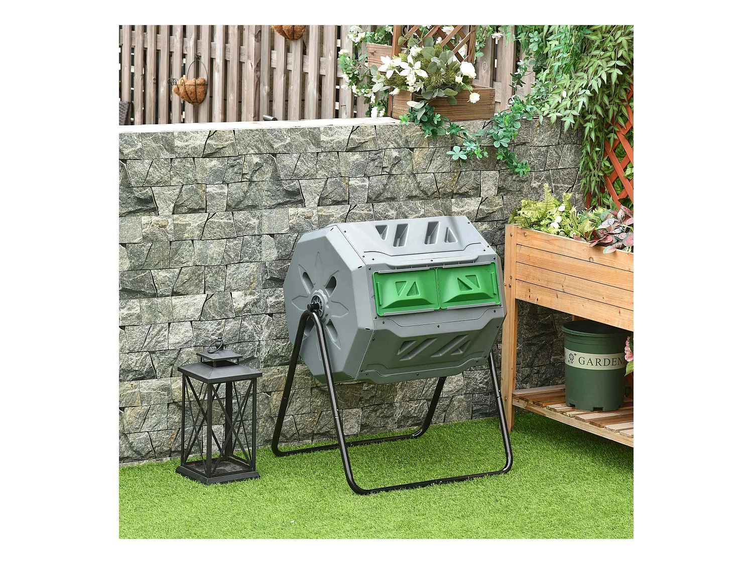 Composteur de jardin - bac à compost pour déchets - rotatif 360° - double chambre 160 L - acier noir PP vert gris