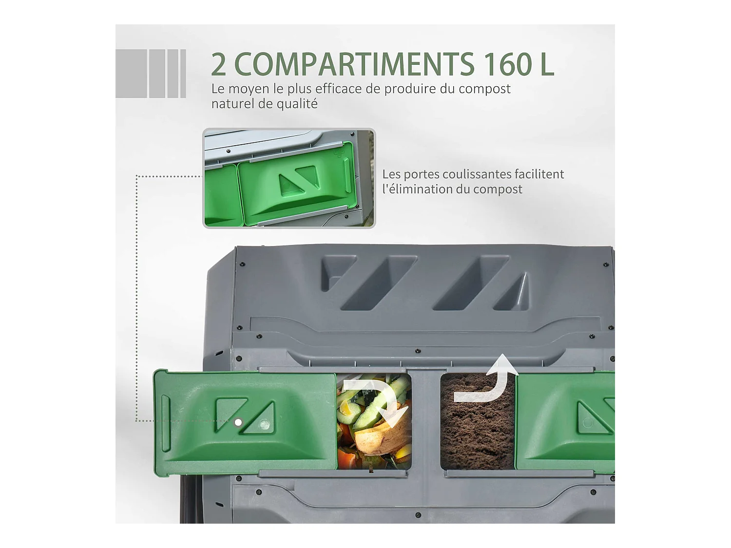 Composteur de jardin - bac à compost pour déchets - rotatif 360° - double chambre 160 L - acier noir PP vert gris
