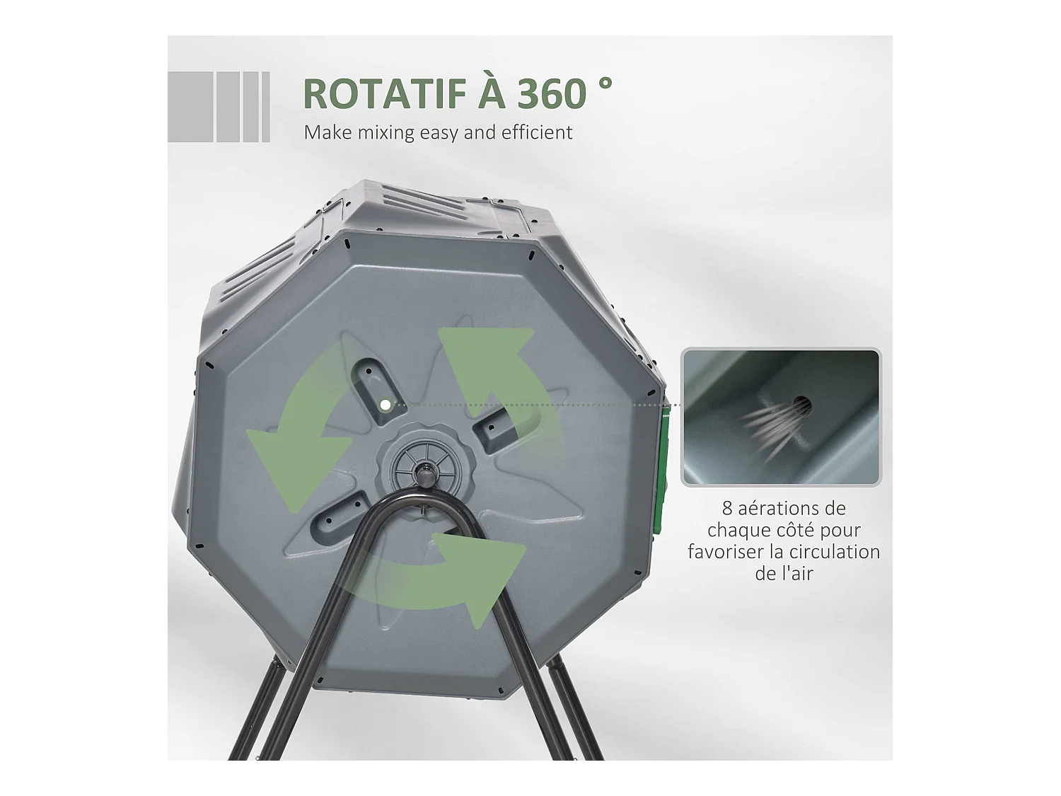 Composteur de jardin - bac à compost pour déchets - rotatif 360° - double chambre 160 L - acier noir PP vert gris
