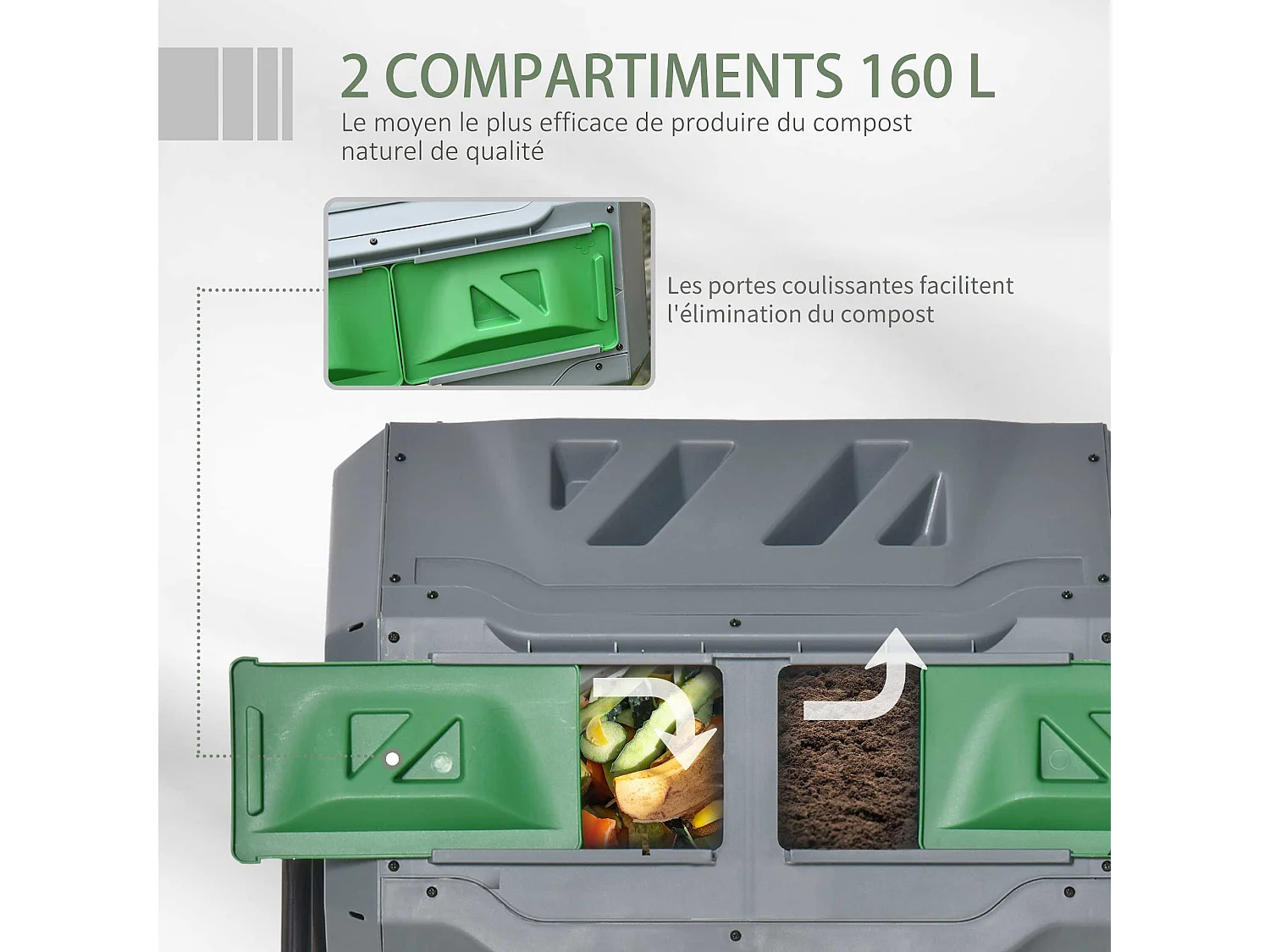 Composteur de jardin - bac à compost pour déchets - rotatif 360° - double chambre 160 L - acier noir PP vert gris