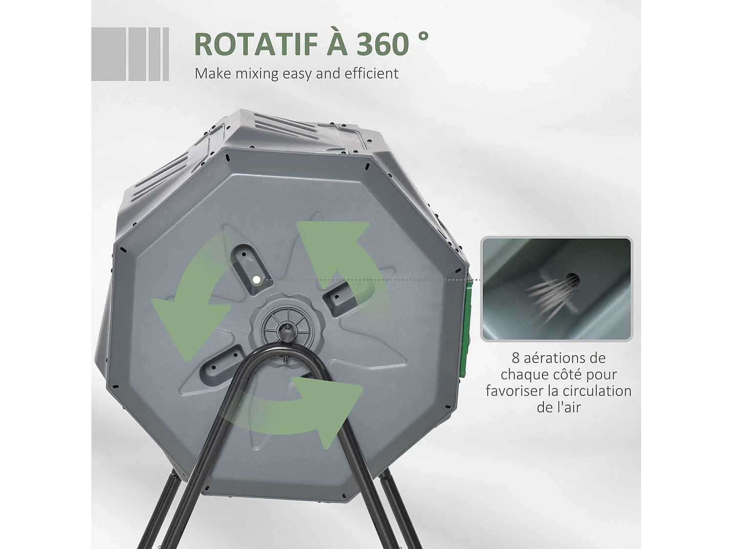 Composteur de jardin - bac à compost pour déchets - rotatif 360° - double chambre 160 L - acier noir PP vert gris