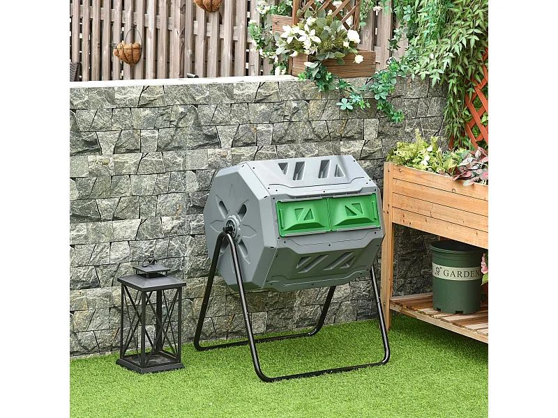 Composteur de jardin - bac à compost pour déchets - rotatif 360° - double chambre 160 L - acier noir PP vert gris