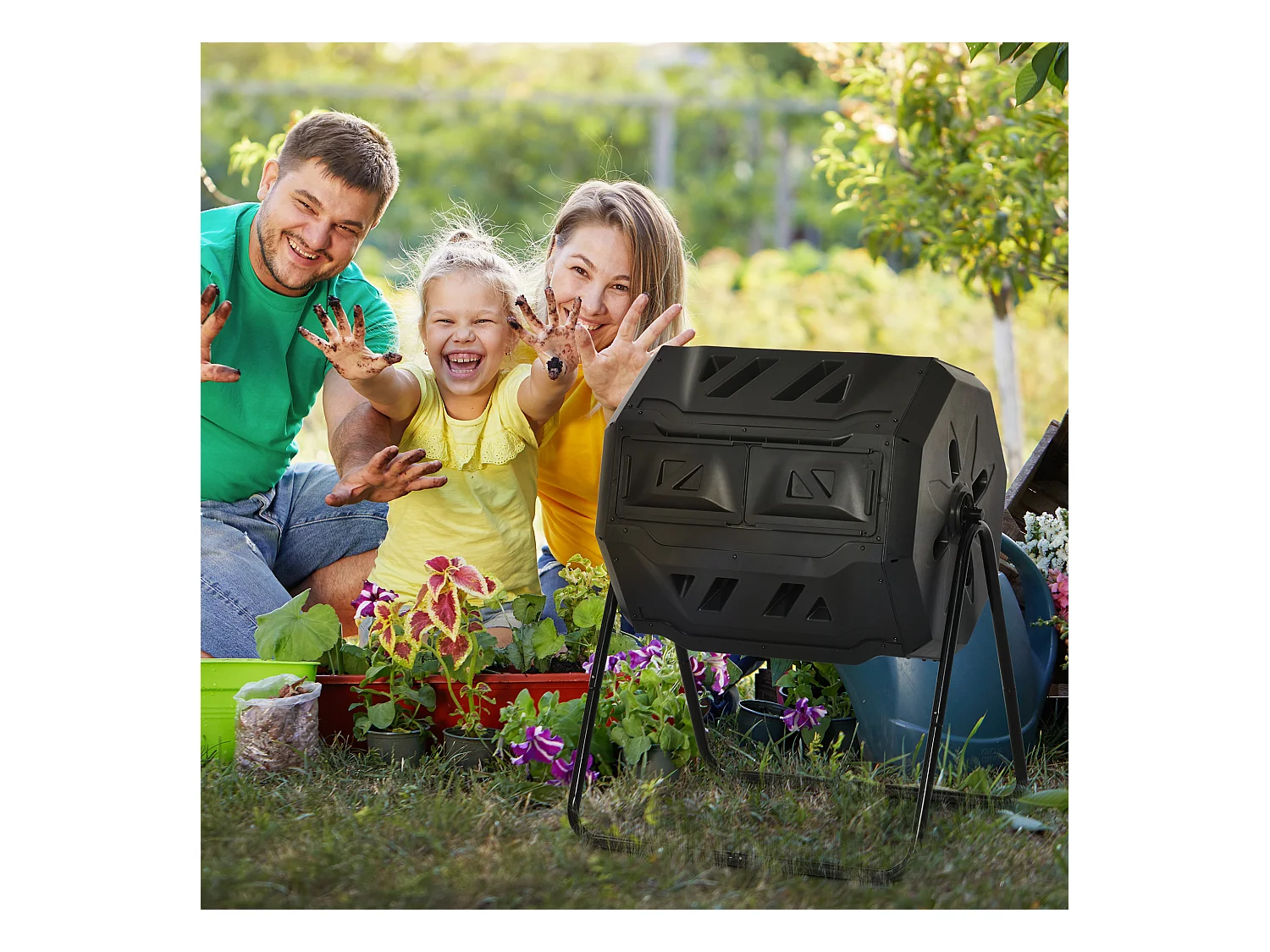 Composteur de jardin - bac à compost pour déchets - rotatif 360° - double chambre 160 L - acier PP noir