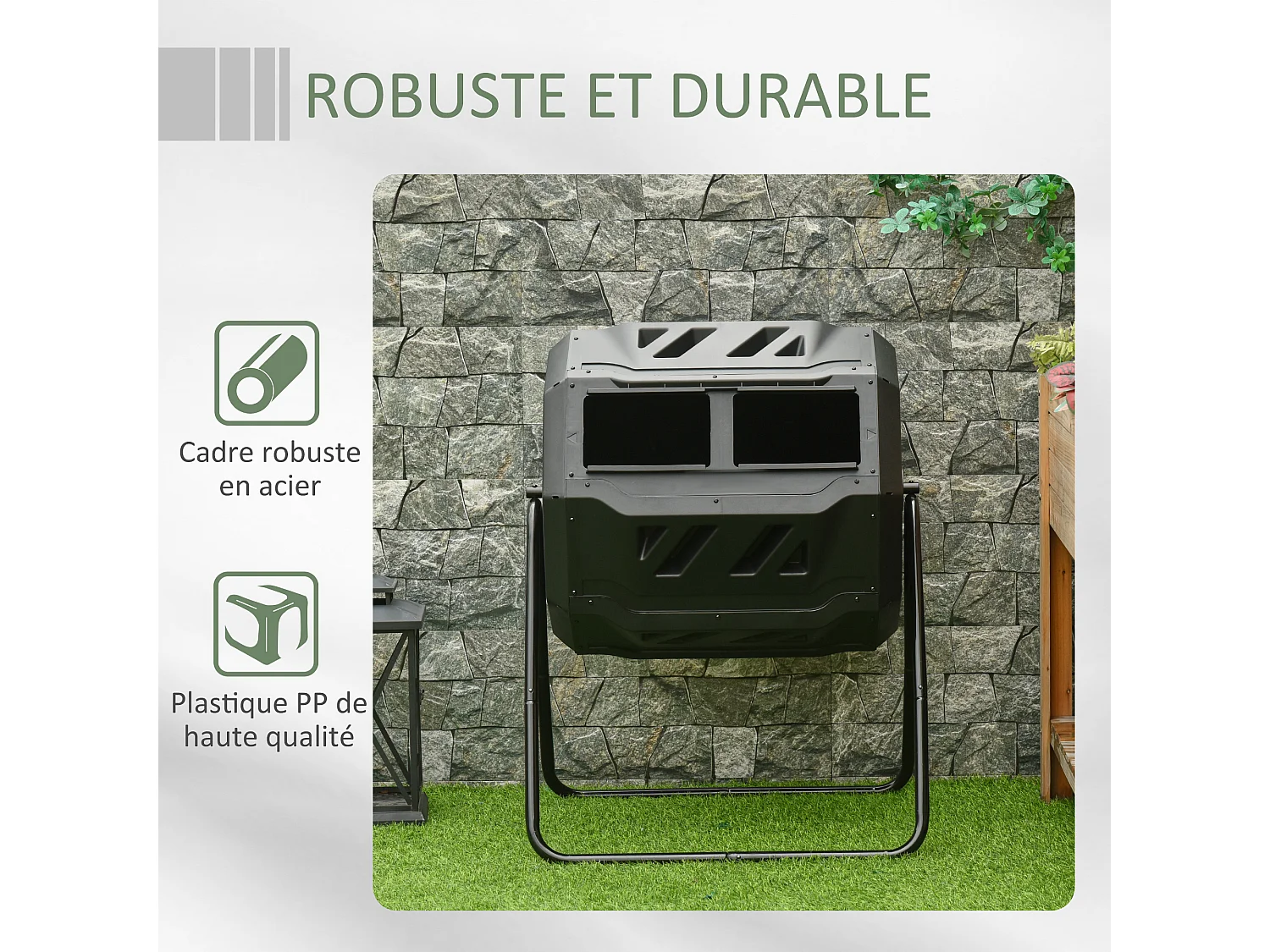 Composteur de jardin - bac à compost pour déchets - rotatif 360° - double chambre 160 L - acier PP noir