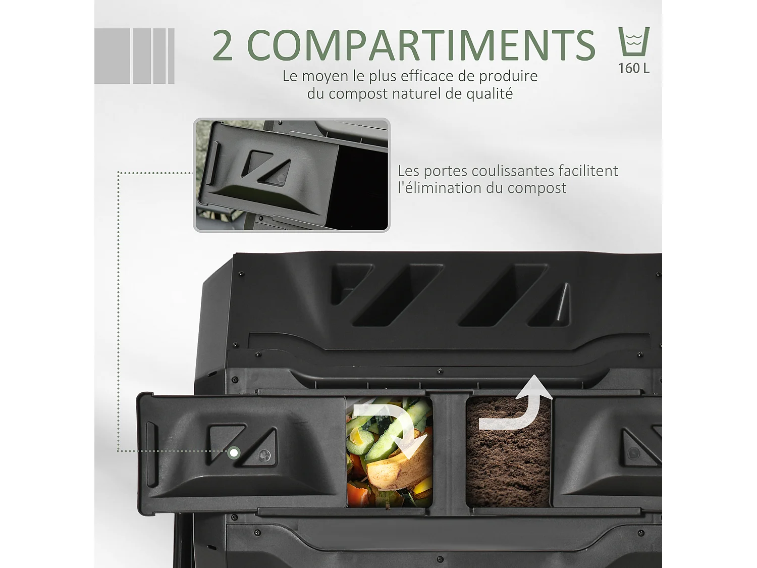 Composteur de jardin - bac à compost pour déchets - rotatif 360° - double chambre 160 L - acier PP noir