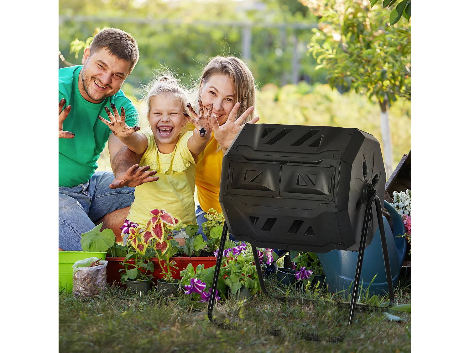 Composteur de jardin - bac à compost pour déchets - rotatif 360° - double chambre 160 L - acier PP noir