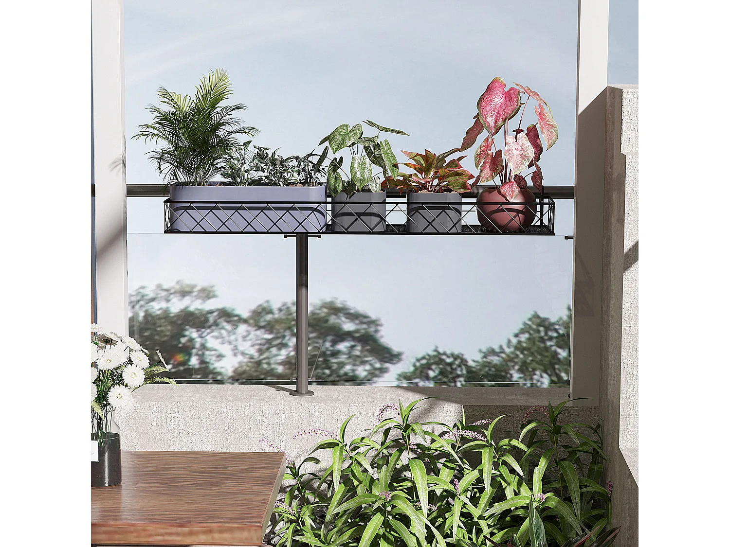 Support de pot de fleurs jardinière suspendu - fixations réglables - jardinière pour balcon - dim. 100L x 31l x 12H cm - métal noir