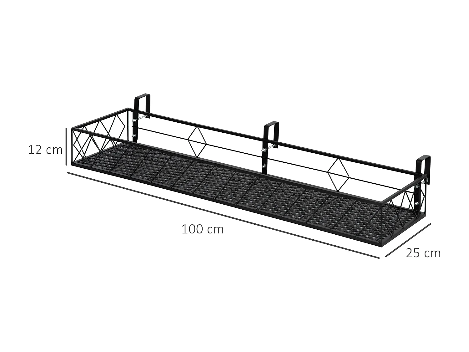 Support de pot de fleurs jardinière suspendu - fixations réglables - jardinière pour balcon - dim. 100L x 31l x 12H cm - métal noir