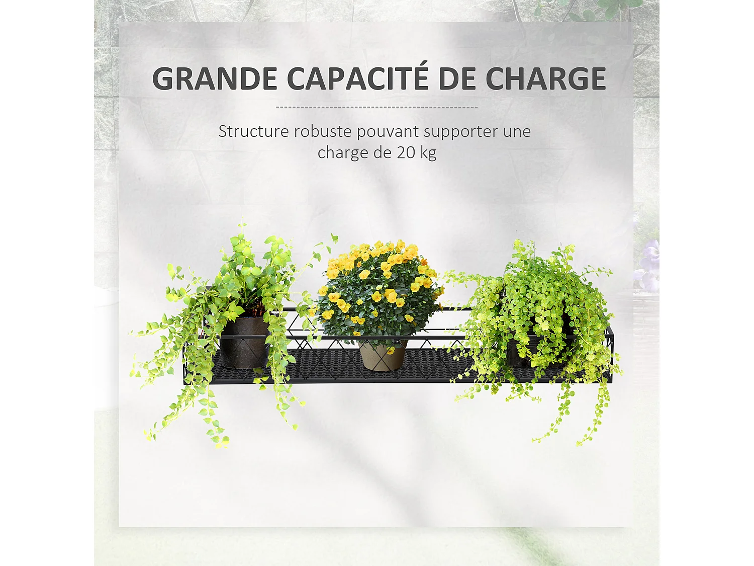 Support de pot de fleurs jardinière suspendu - fixations réglables - jardinière pour balcon - dim. 100L x 31l x 12H cm - métal noir