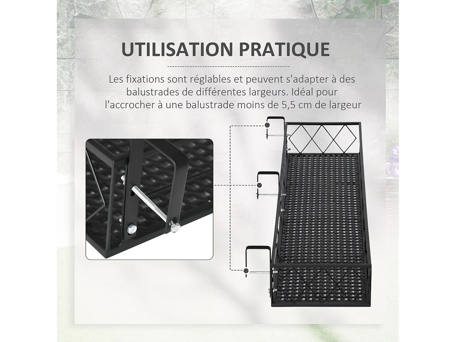 Support de pot de fleurs jardinière suspendu - fixations réglables - jardinière pour balcon - dim. 100L x 31l x 12H cm - métal noir