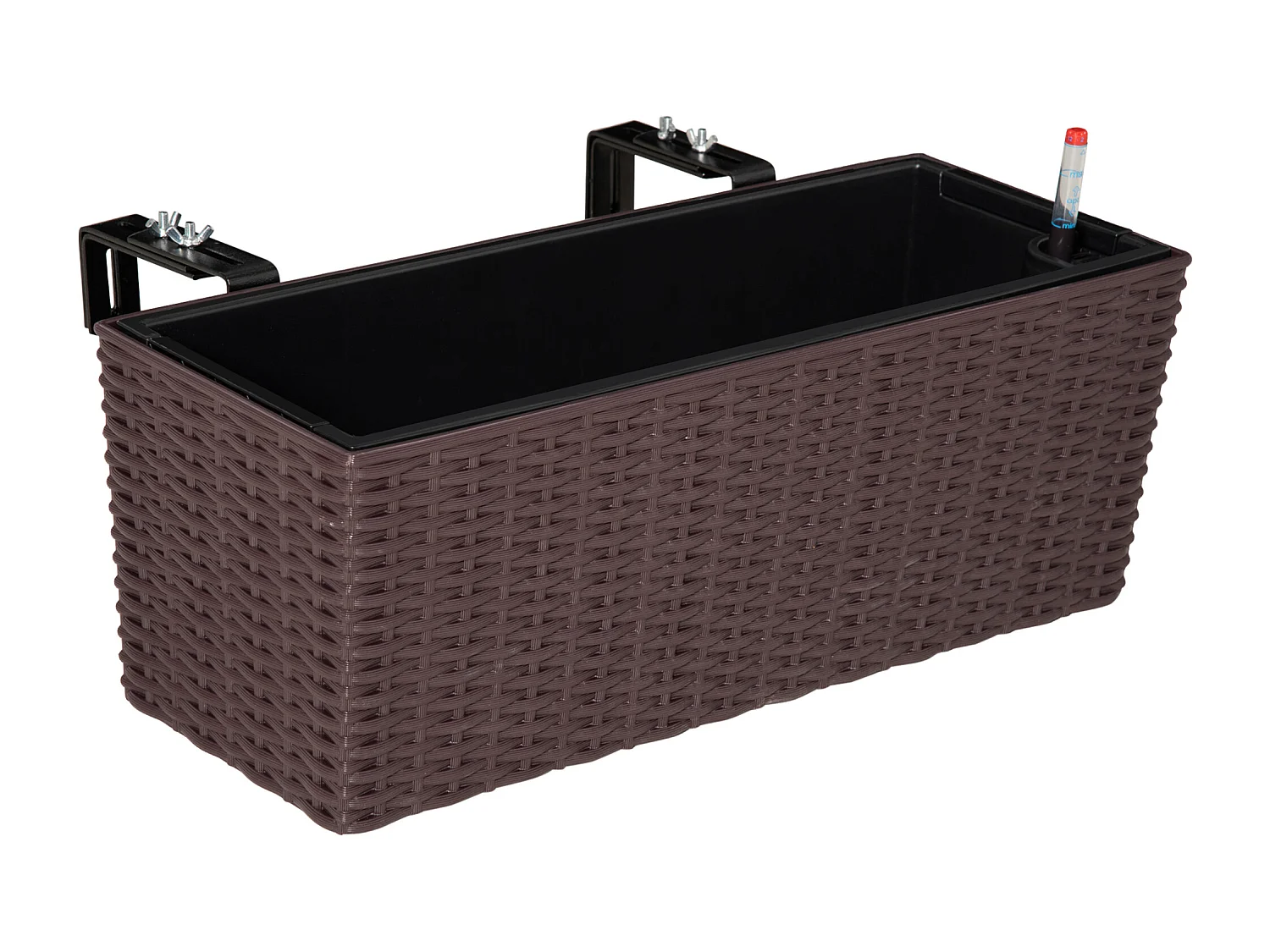 Jardinière de balcon - balconnière suspendue - supports de fixation réglables, indicateur niveau d'eau et réservoir, inserts d'irrigation - PP aspect rotin chocolat