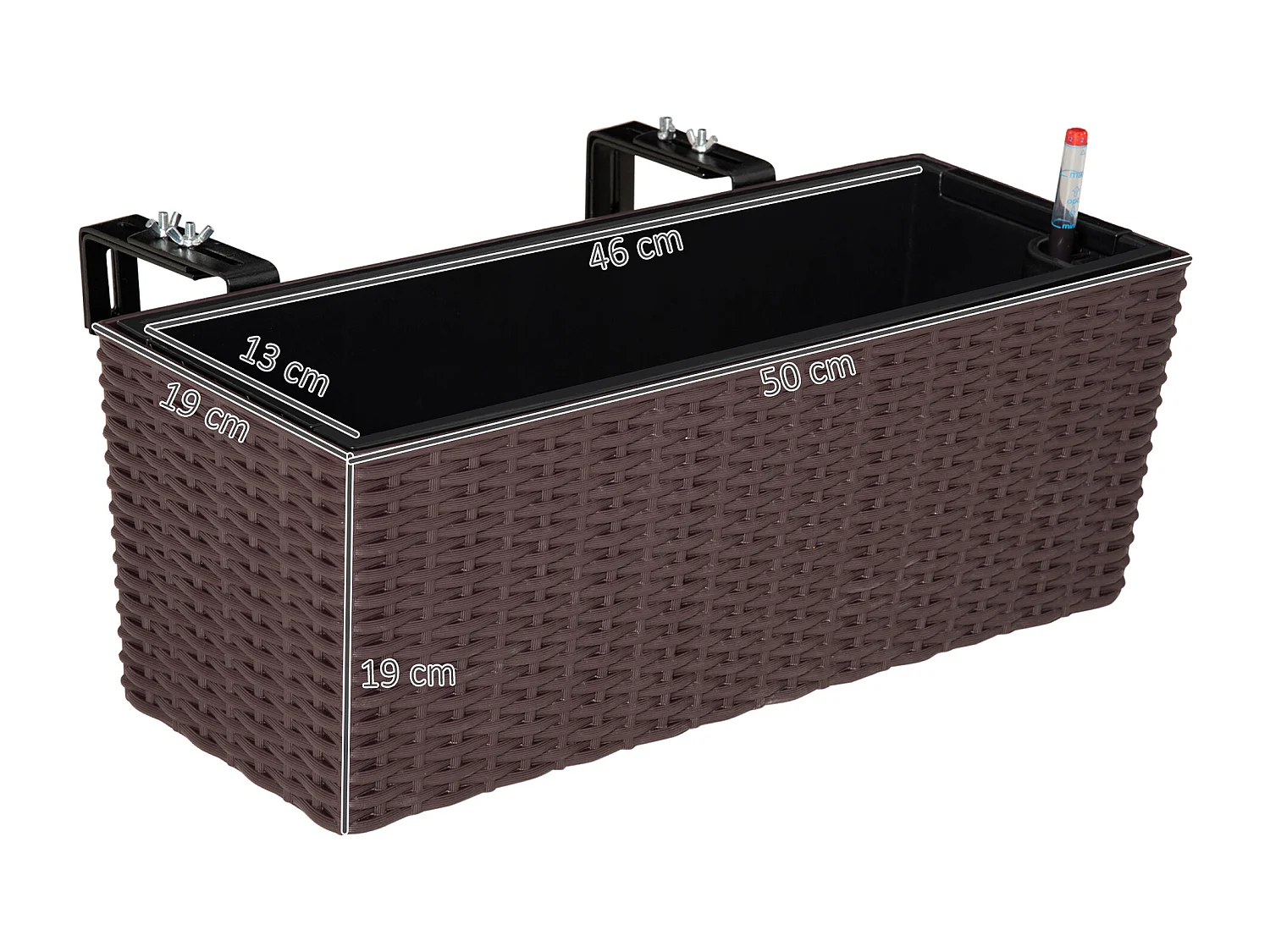 Jardinière de balcon - balconnière suspendue - supports de fixation réglables, indicateur niveau d'eau et réservoir, inserts d'irrigation - PP aspect rotin chocolat