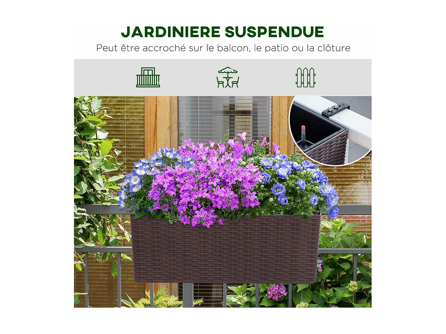 Jardinière de balcon - balconnière suspendue - supports de fixation réglables, indicateur niveau d'eau et réservoir, inserts d'irrigation - PP aspect rotin chocolat