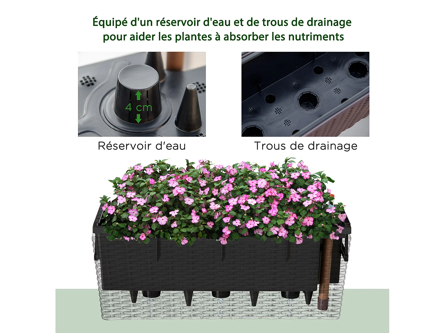 Jardinière de balcon - balconnière suspendue - supports de fixation réglables, indicateur niveau d'eau et réservoir, inserts d'irrigation - PP aspect rotin chocolat