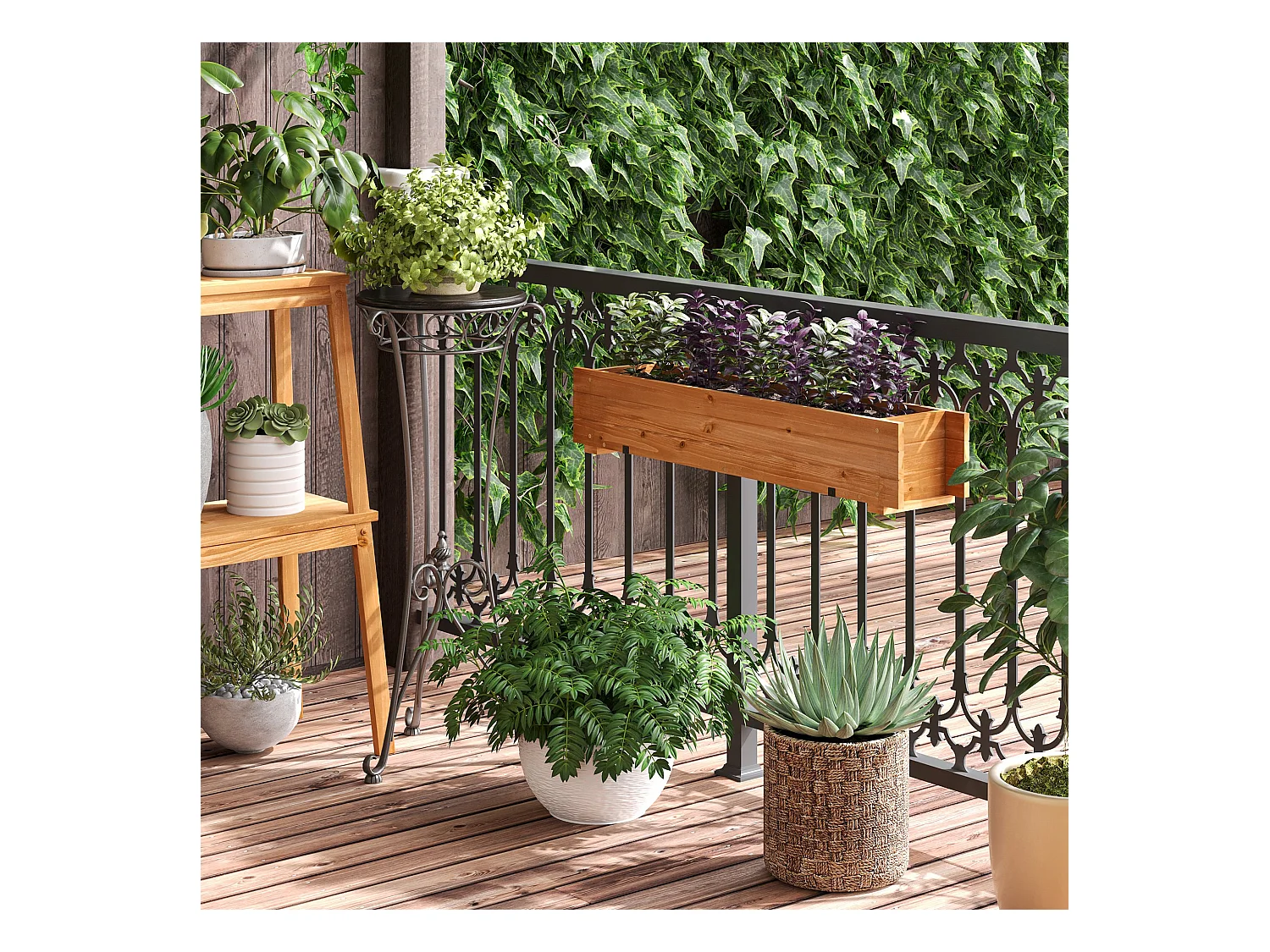 Jardinière suspendue pour fleurs plantes - balconnière - crochets, système d'irrigation intégrés - bois sapin pré-huilé