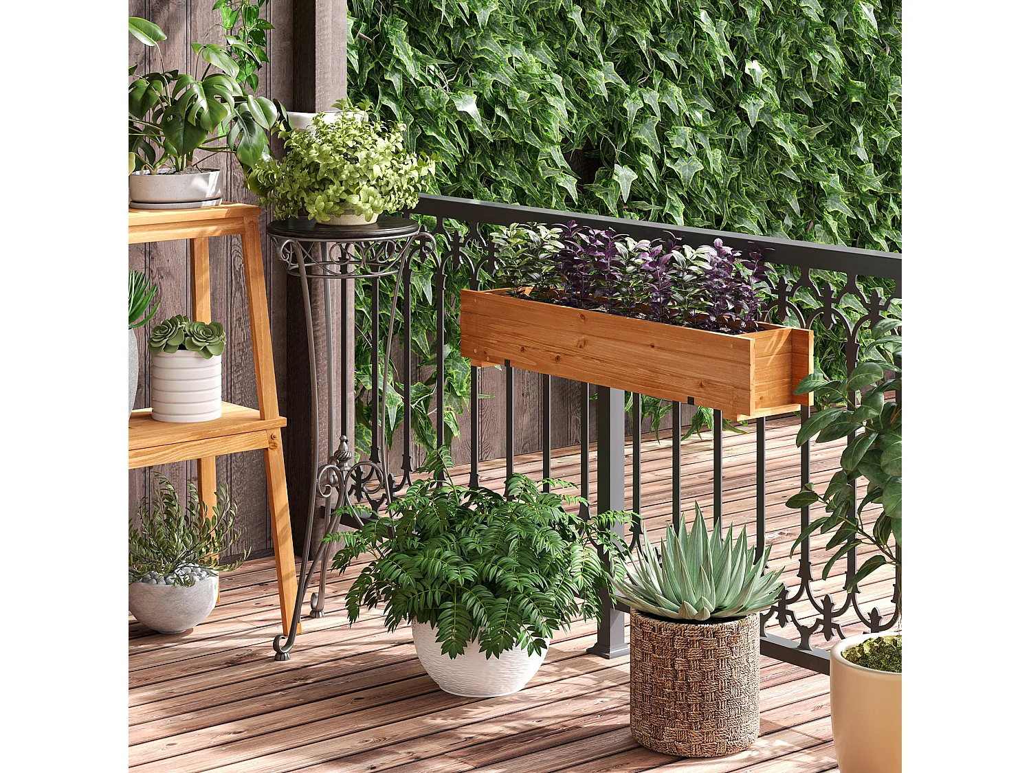 Jardinière suspendue pour fleurs plantes - balconnière - crochets, système d'irrigation intégrés - bois sapin pré-huilé