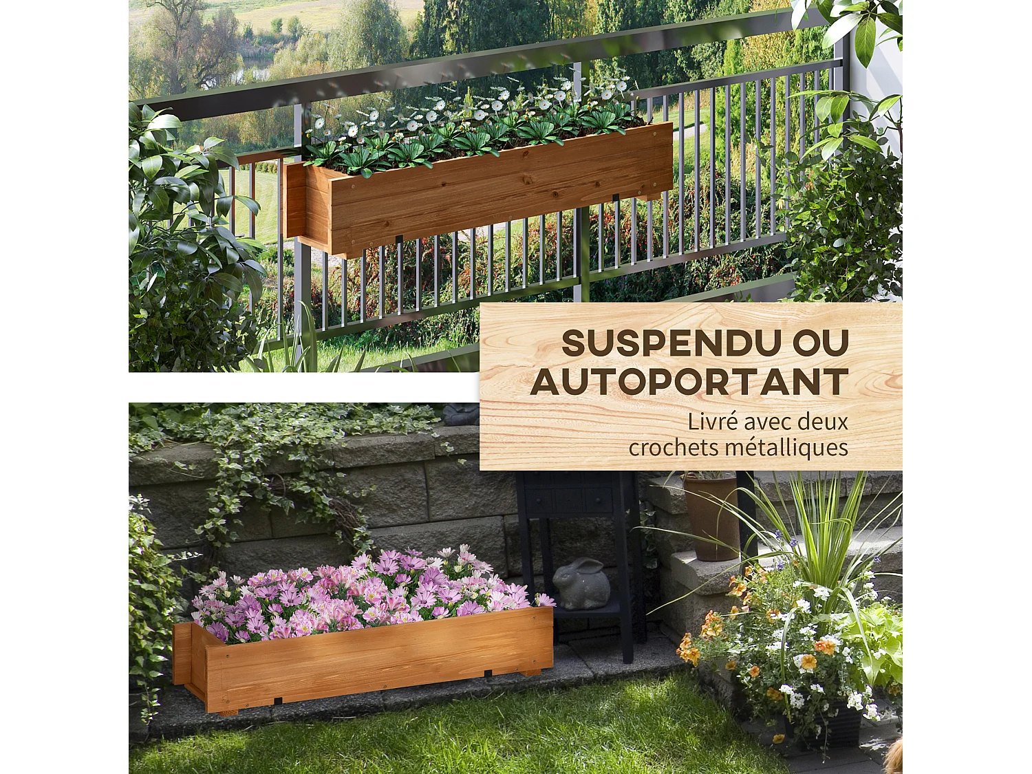 Jardinière suspendue pour fleurs plantes - balconnière - crochets, système d'irrigation intégrés - bois sapin pré-huilé