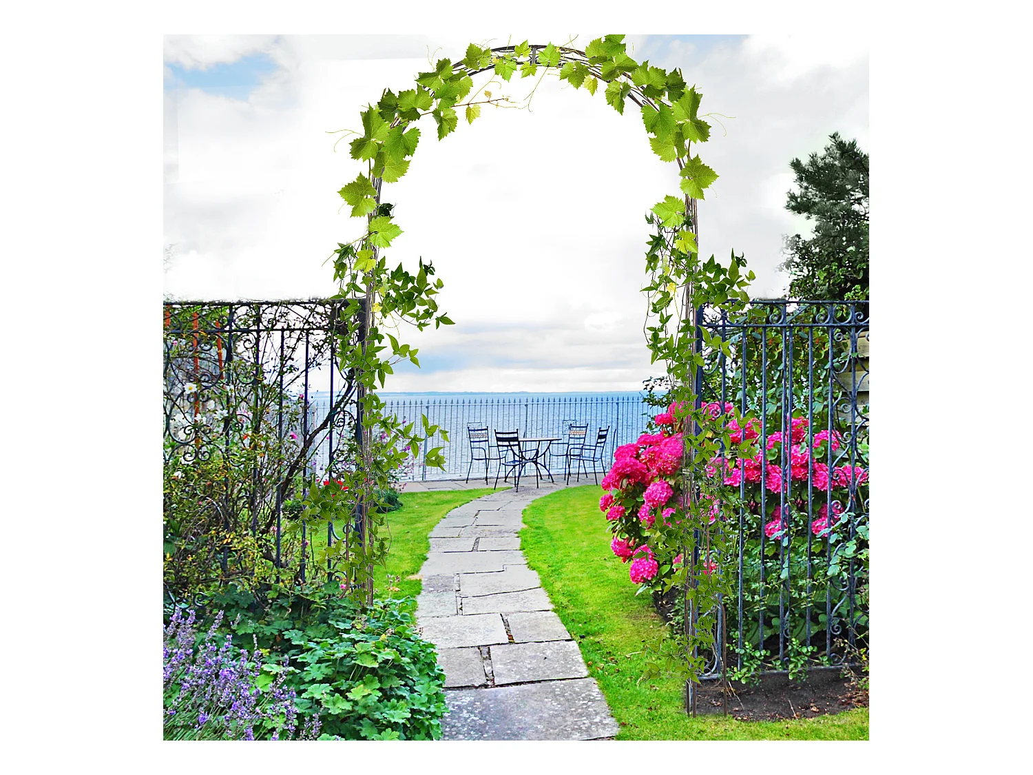 Arche de jardin arche à rosiers style fer forgé dim. 120L x 30l x 226H cm métal époxy noir vieilli cuivré