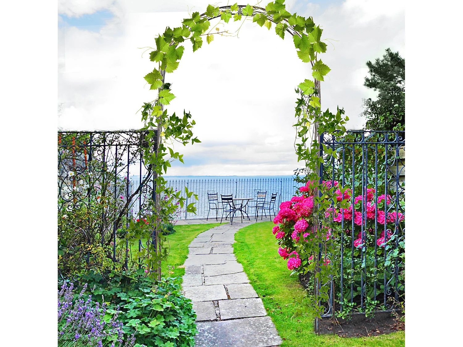 Arche de jardin arche à rosiers style fer forgé dim. 120L x 30l x 226H cm métal époxy noir vieilli cuivré