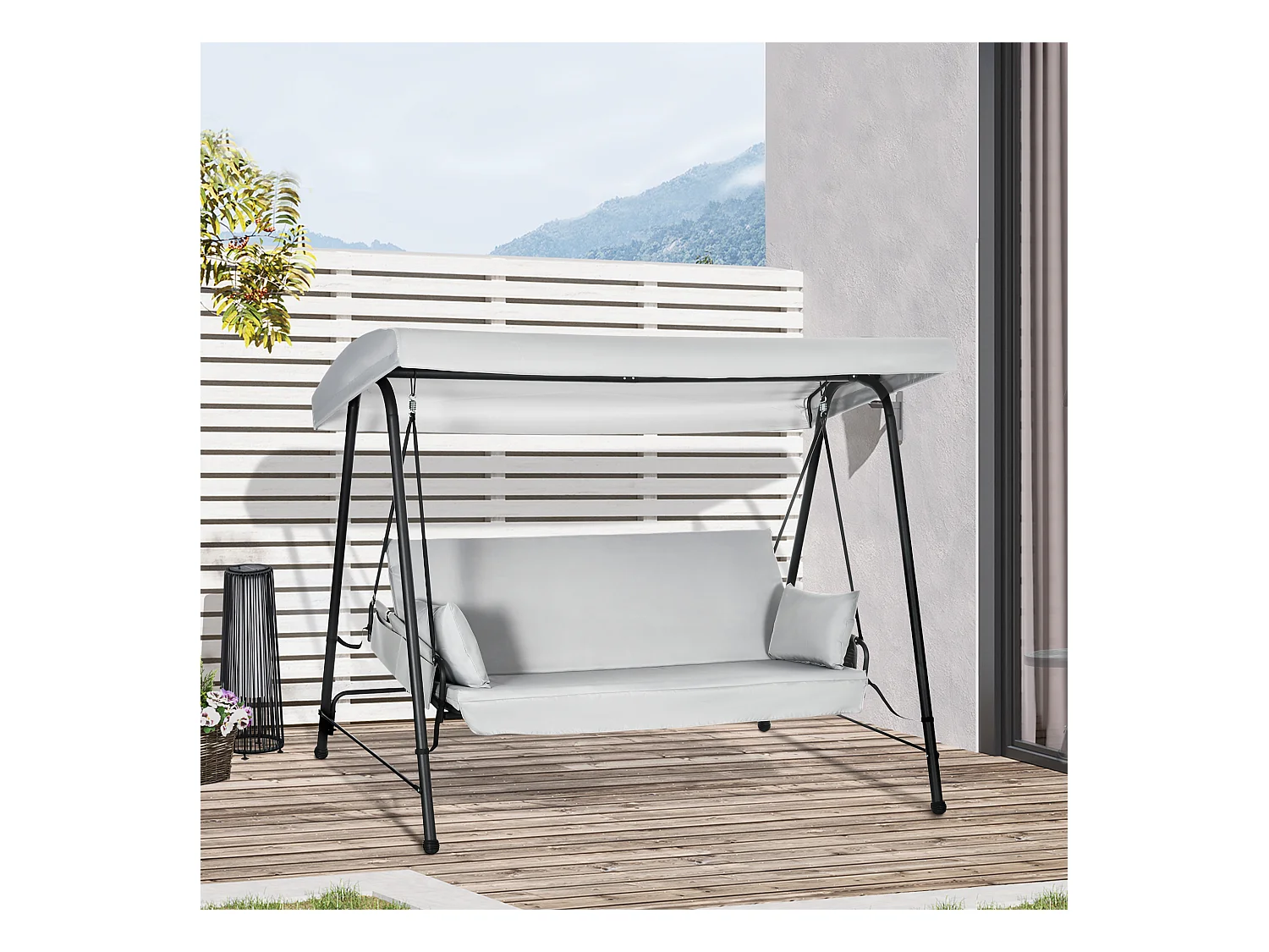 Balancelle de jardin 3 places convertible auvent réglable épais coussins amovibles polyester acier époxy gris clair
