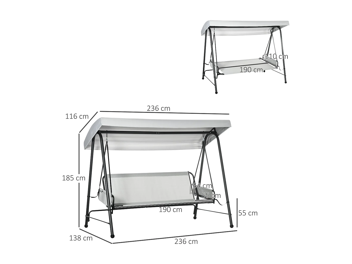 Balancelle de jardin 3 places convertible auvent réglable épais coussins amovibles polyester acier époxy gris clair