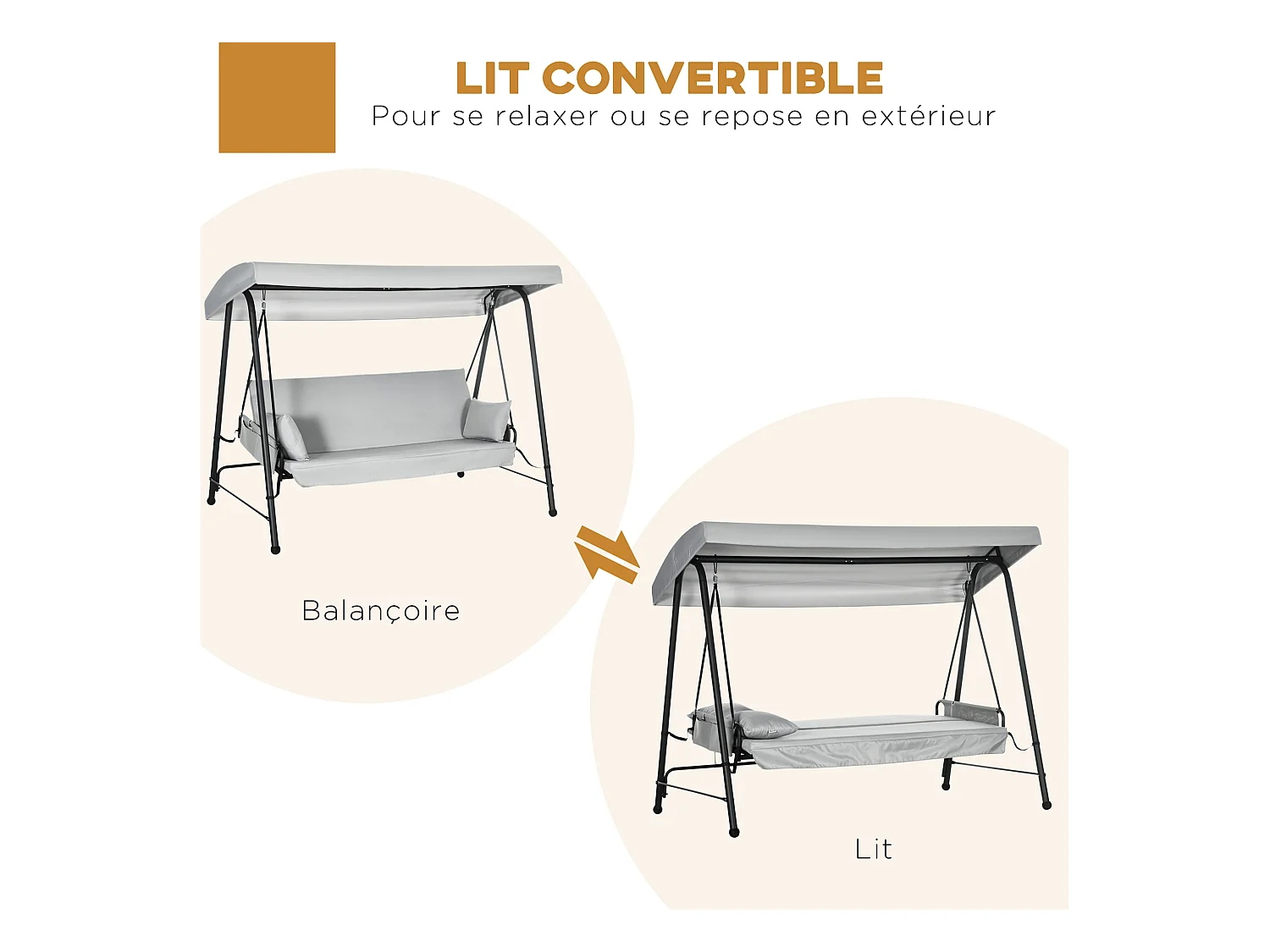 Balancelle de jardin 3 places convertible auvent réglable épais coussins amovibles polyester acier époxy gris clair