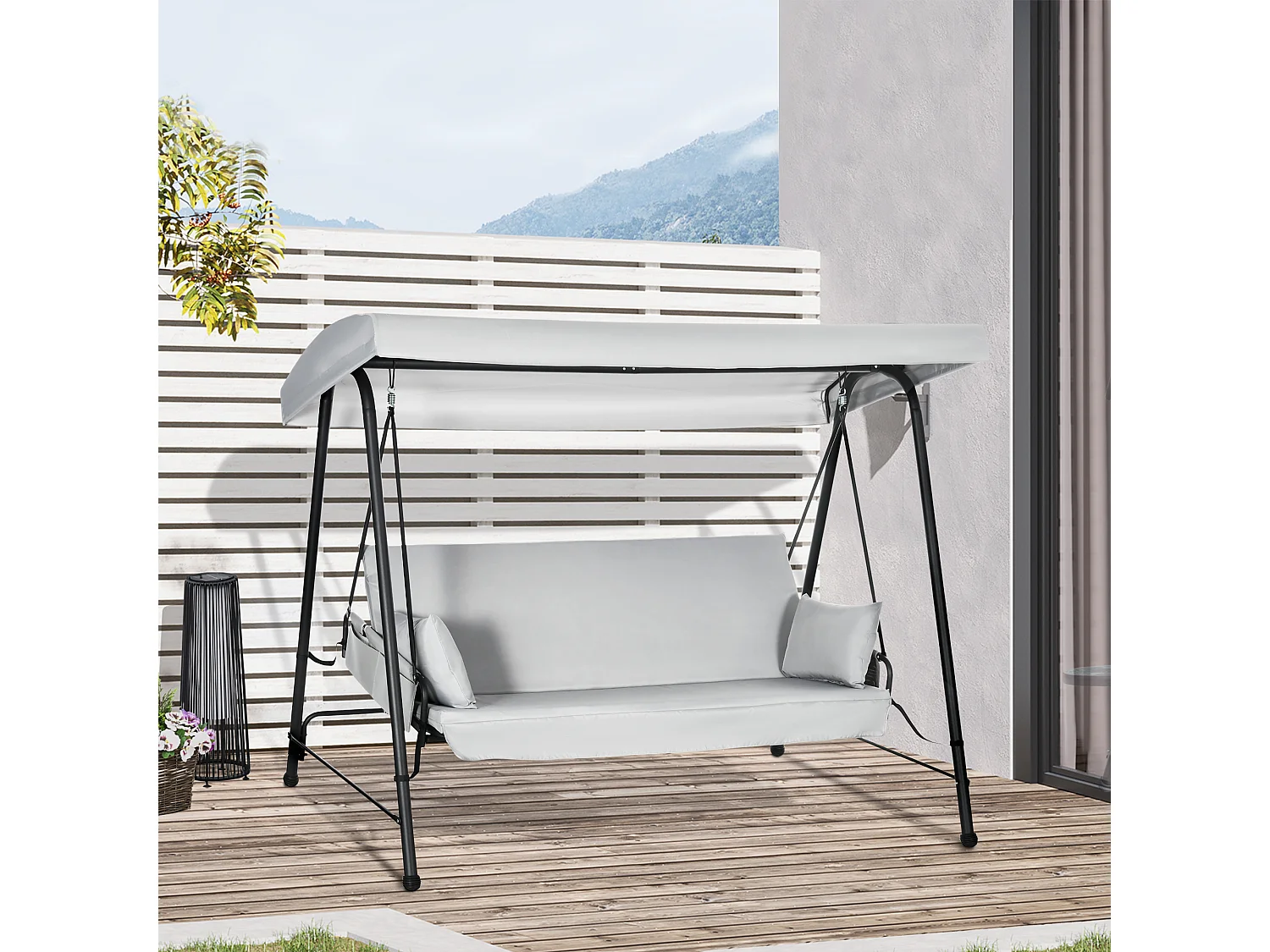 Balancelle de jardin 3 places convertible auvent réglable épais coussins amovibles polyester acier époxy gris clair