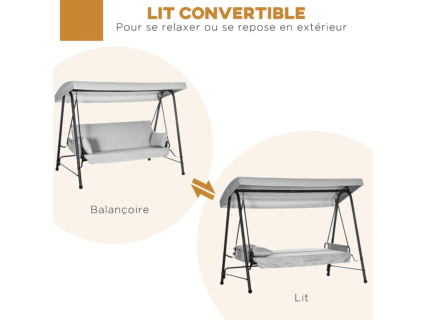 Balancelle de jardin 3 places convertible auvent réglable épais coussins amovibles polyester acier époxy gris clair
